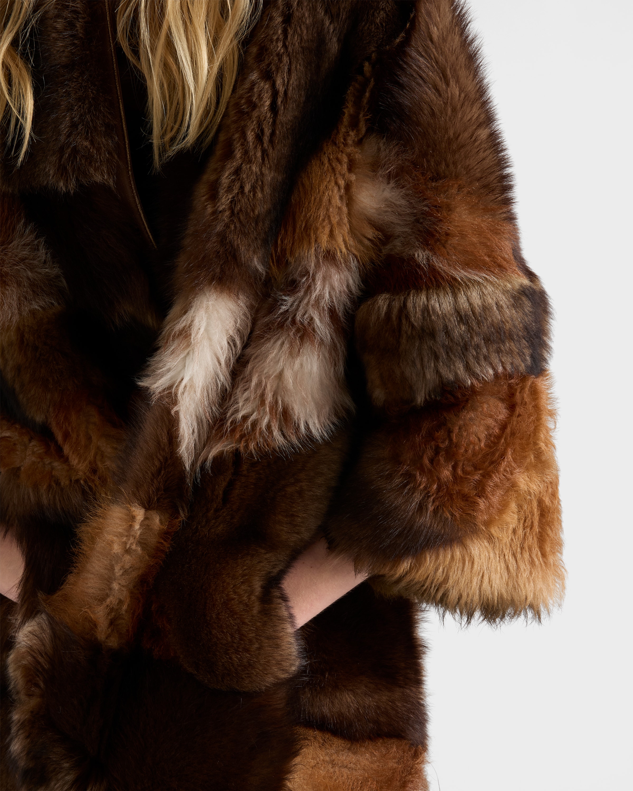 Patchwork shearling coat