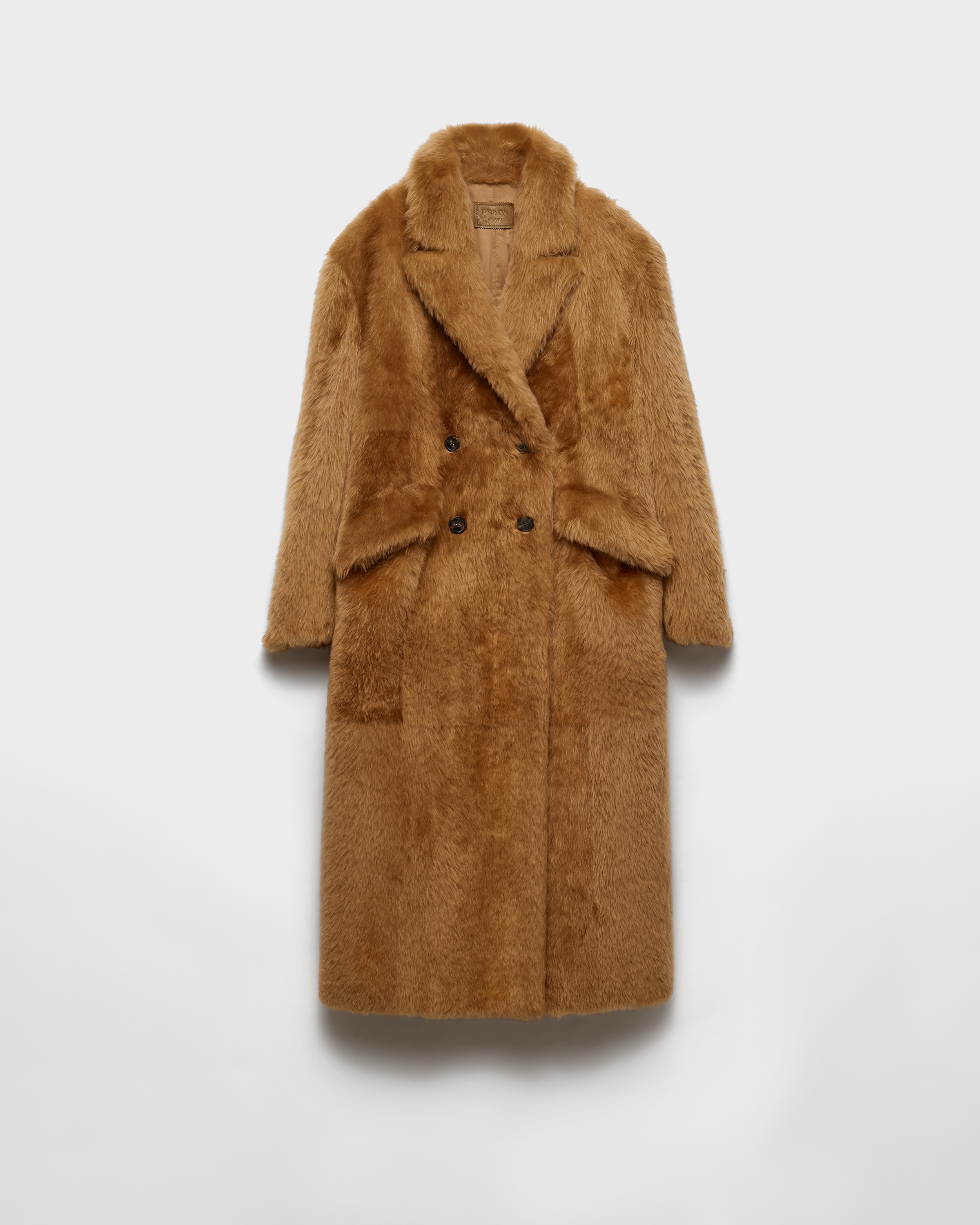 Prada Shearling Double-breasted Coat, Woman, Tobacco, Size 36