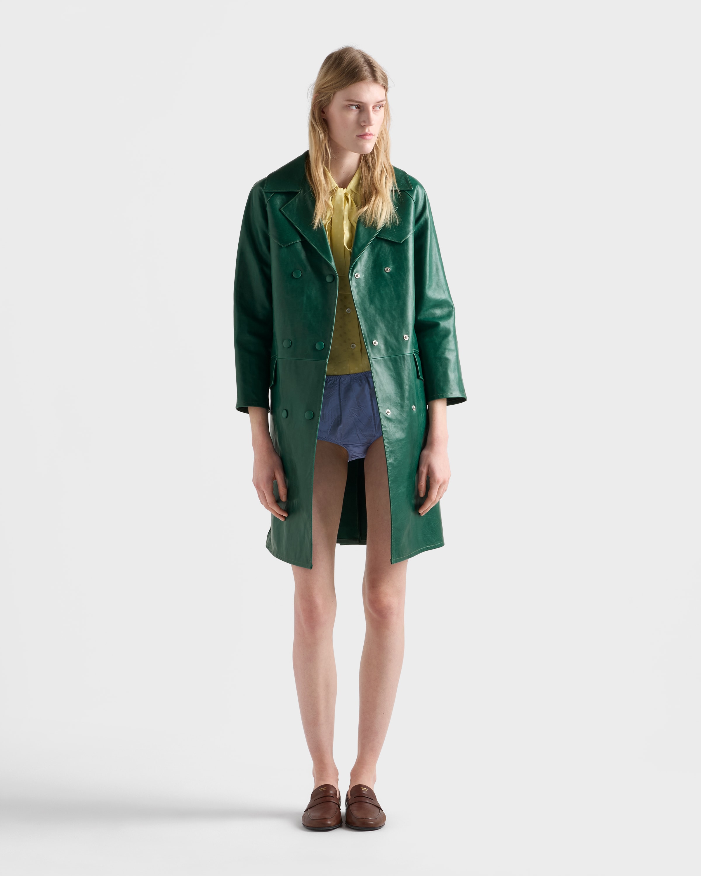 Emerald Green Double-breasted leather coat | PRADA - United States