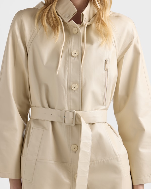 Hooded nappa leather and fabric coat - Ivory Hooded nappa leather and fabric coat - Ivory