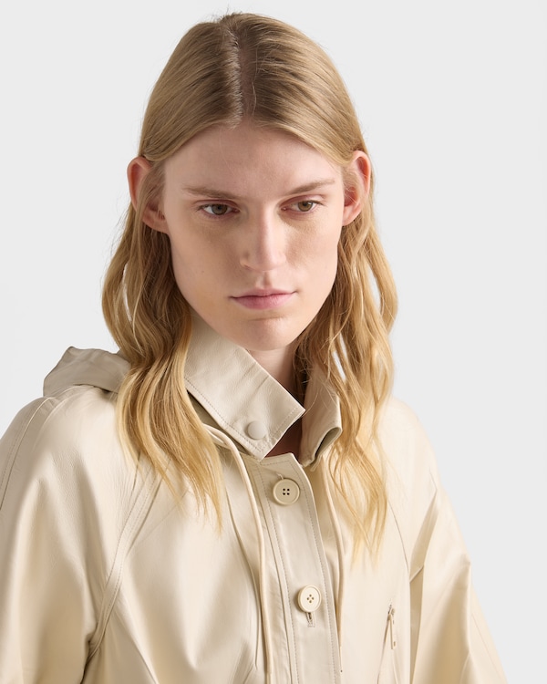 Hooded nappa leather and fabric coat - Ivory Hooded nappa leather and fabric coat - Ivory