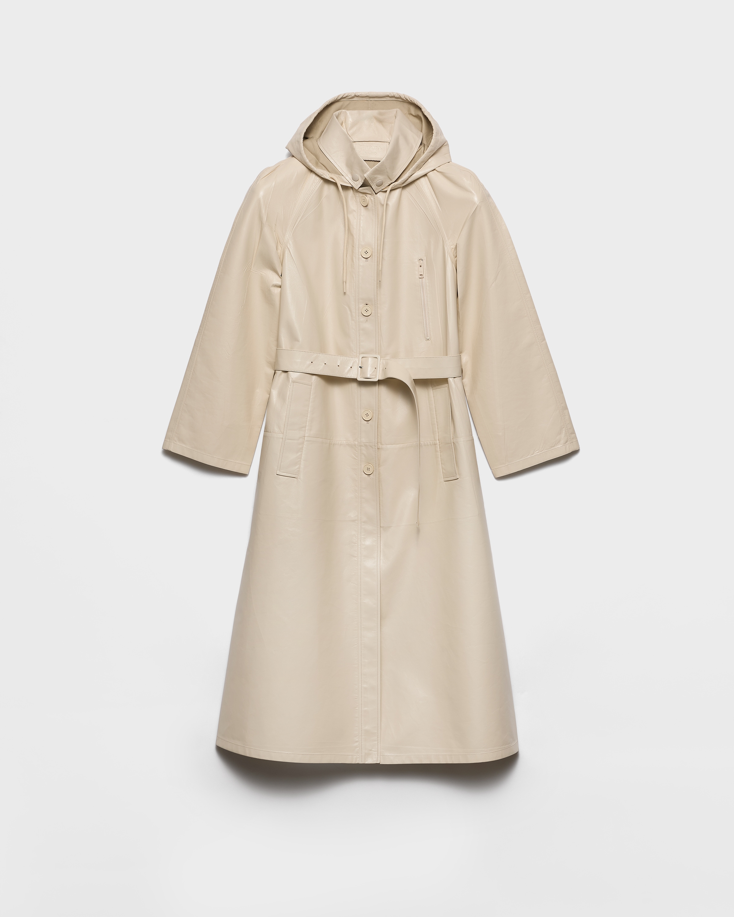 Ivory Hooded Nappa Leather And Fabric Coat | PRADA