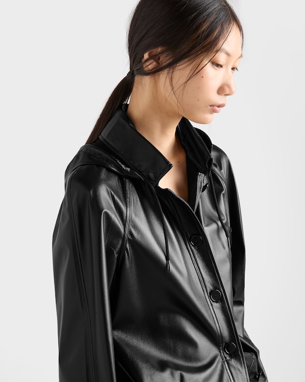 Hooded nappa leather and fabric caban jacket - Black Hooded nappa leather and fabric caban jacket - Black