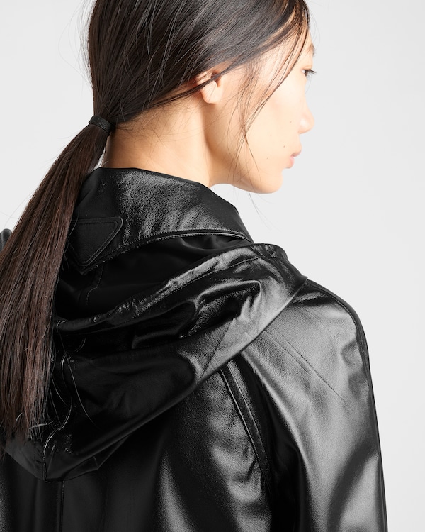 Hooded nappa leather and fabric caban jacket - Black Hooded nappa leather and fabric caban jacket - Black