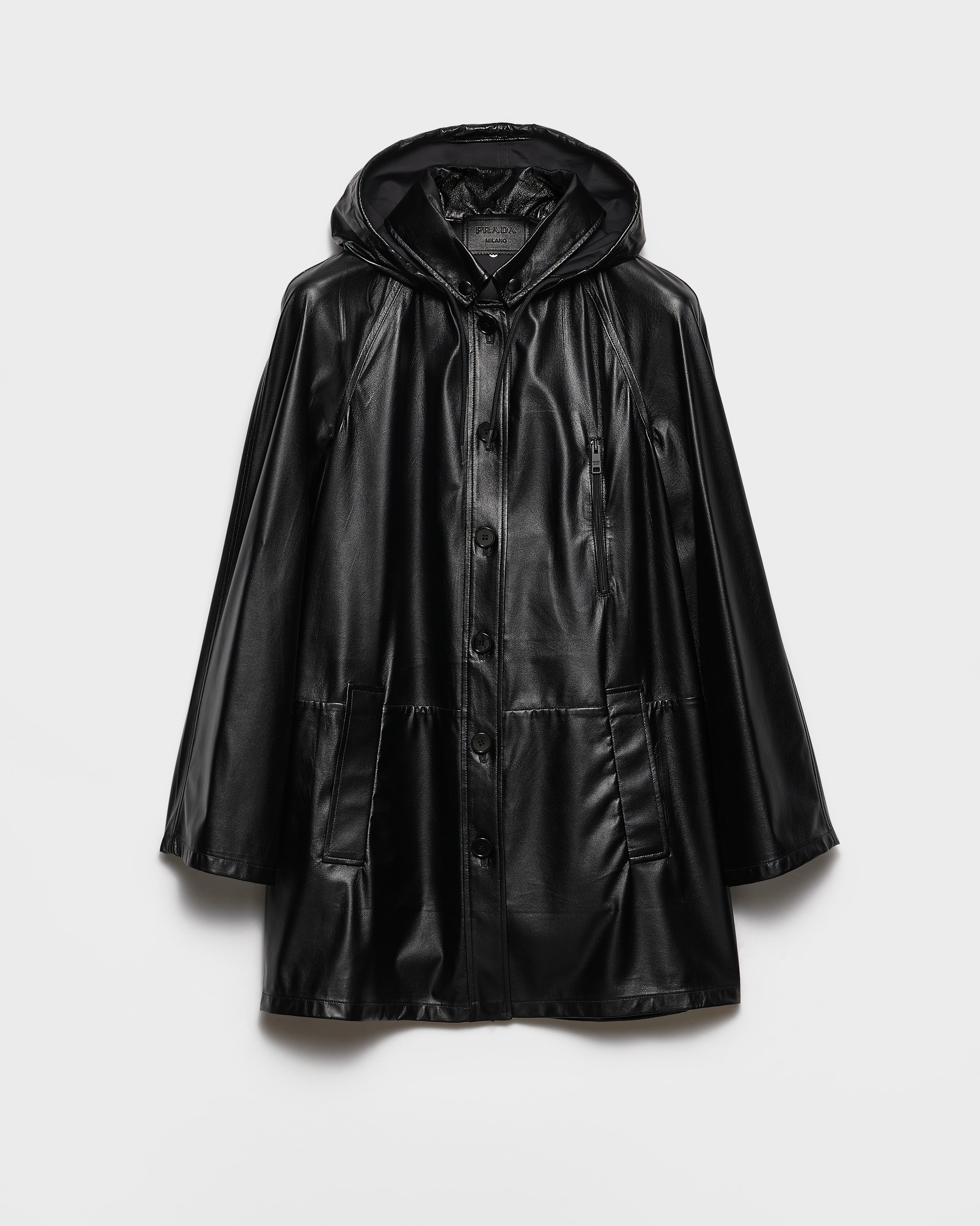Black Hooded Nappa Leather And Fabric Caban Jacket | PRADA