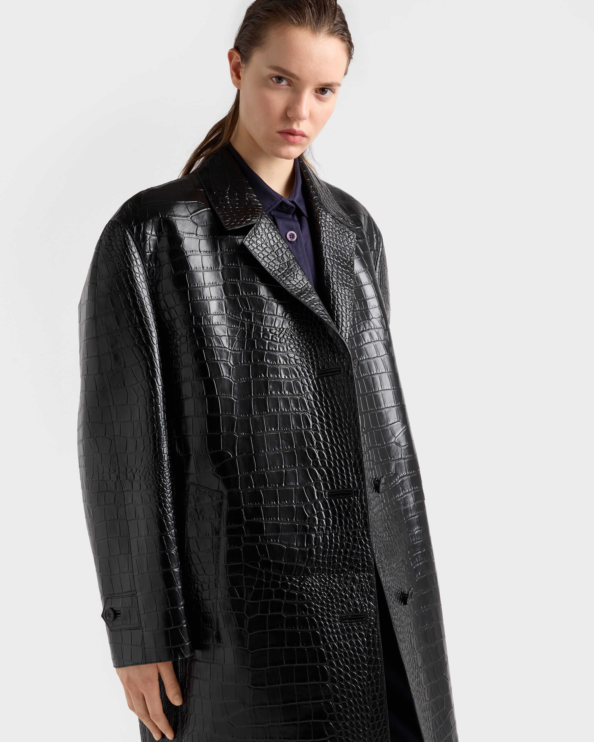 PRADA プラダ ハラコレザーコート サイズ52 Black Croco-print Leather Coat | PRADA - United States