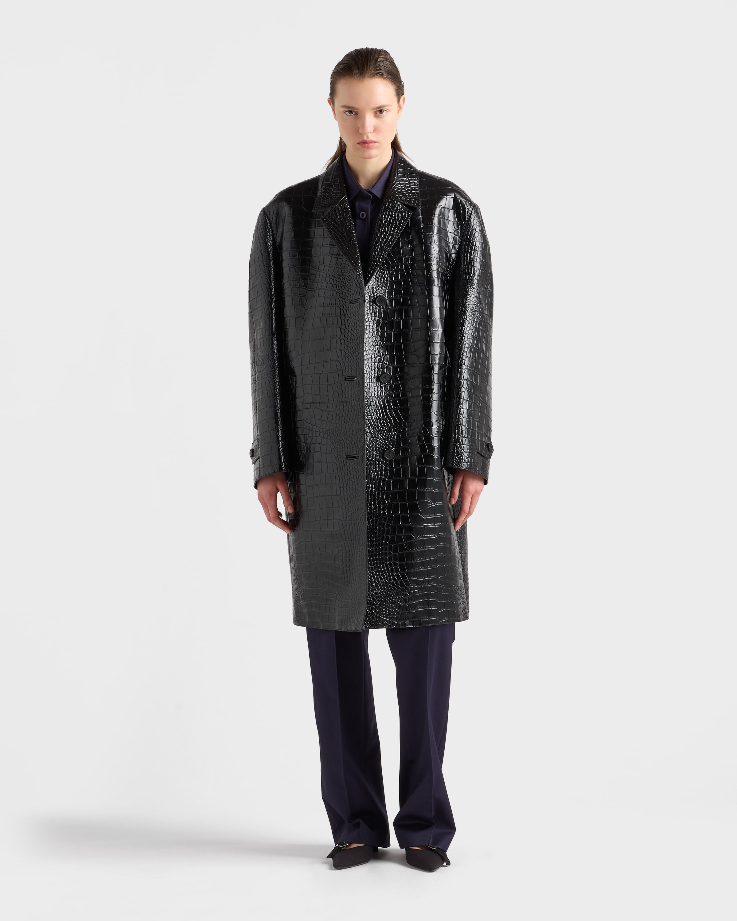 Black Croco-print Leather Coat | PRADA - United States