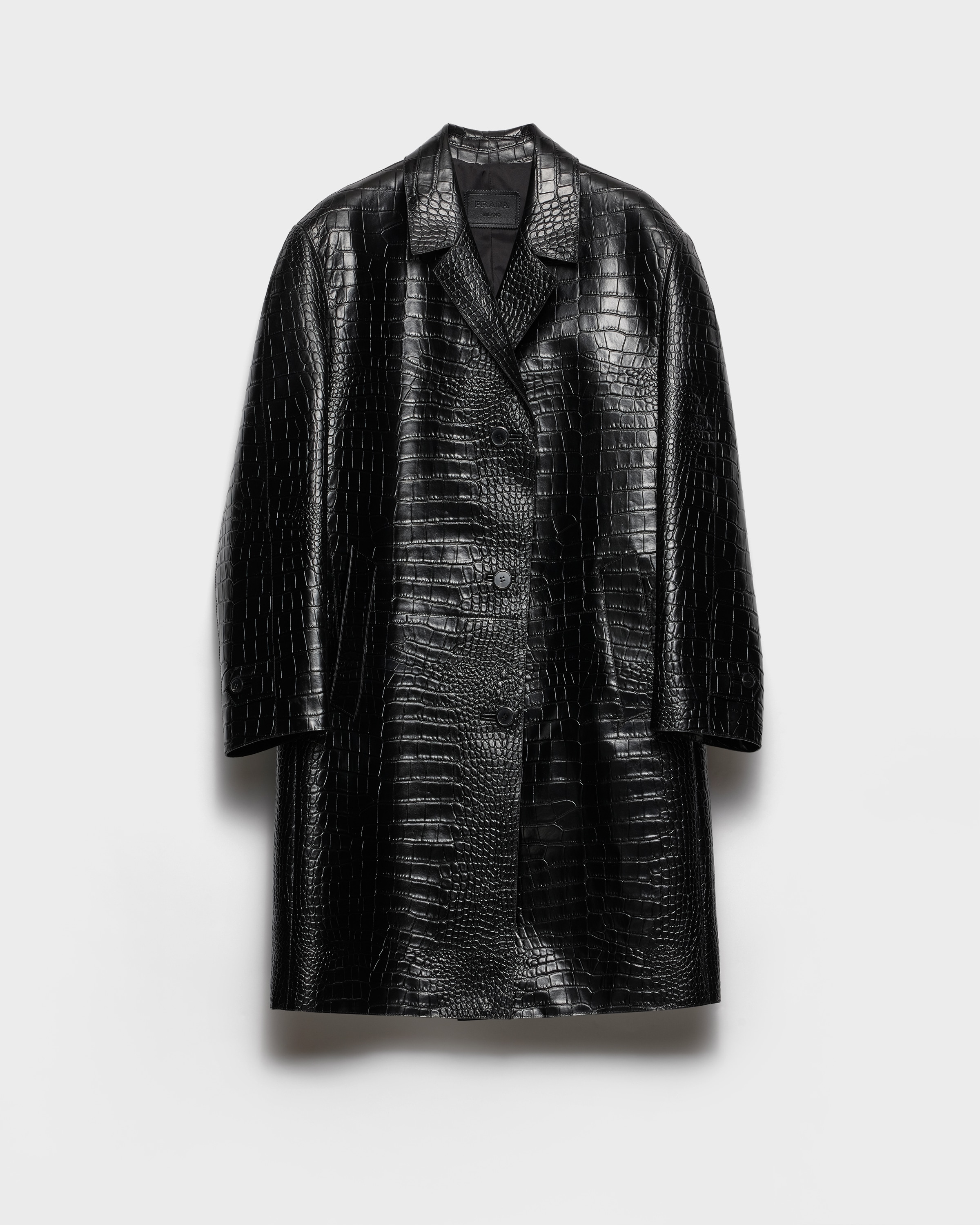 Black Croco-print Leather Coat | PRADA - United States
