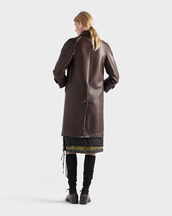 Manteau en cuir nappa contrecollé et laine Shetland à motif chevron - Terre De Sienne Manteau en cuir nappa contrecollé et laine Shetland à motif chevron - Terre De Sienne