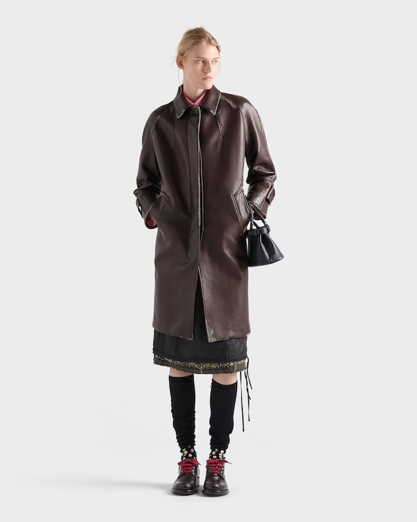 Manteau en cuir nappa contrecollé et laine Shetland à motif chevron - Terre De Sienne Manteau en cuir nappa contrecollé et laine Shetland à motif chevron - Terre De Sienne