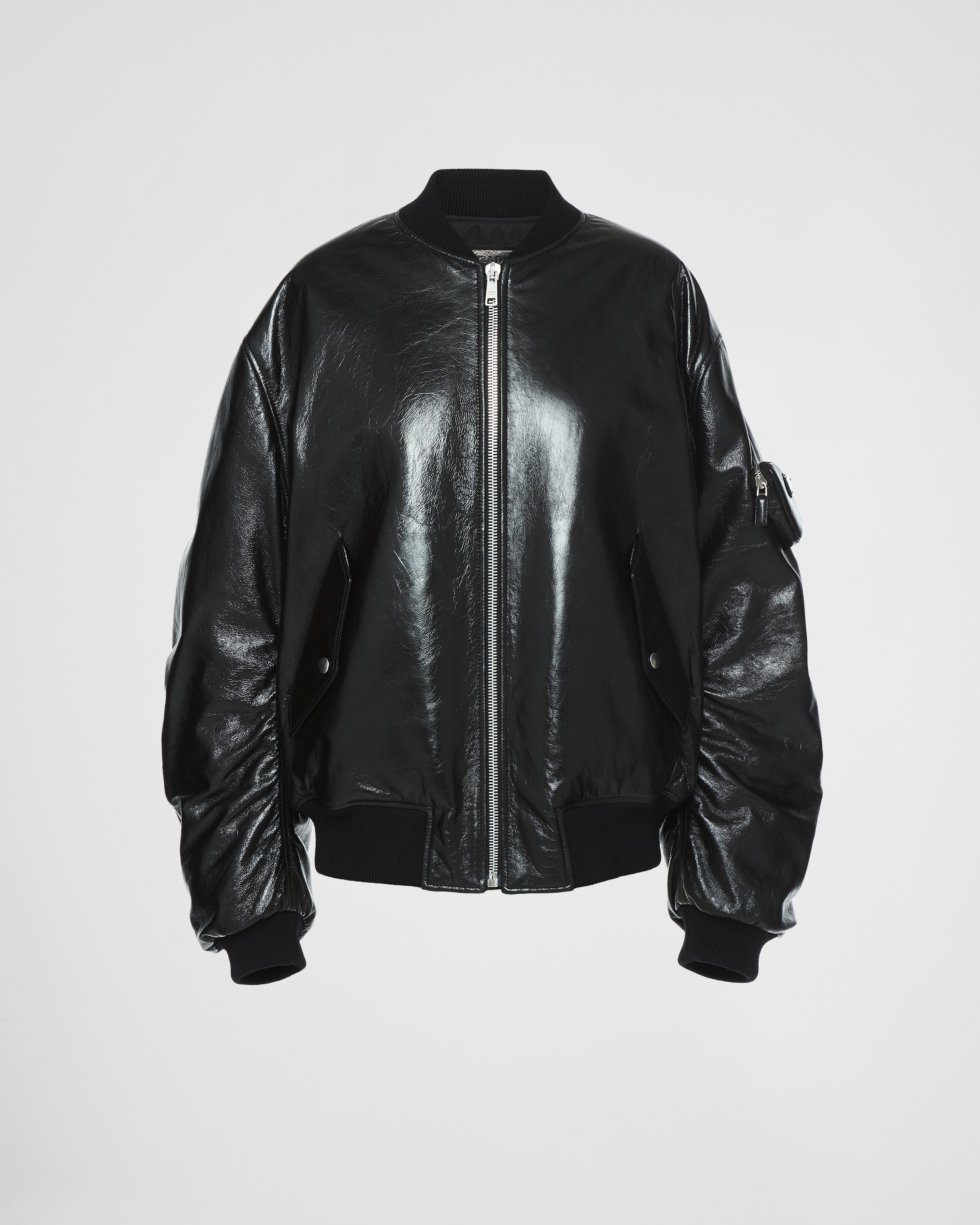 Black Oversized Nappa Leather Bomber Jacket