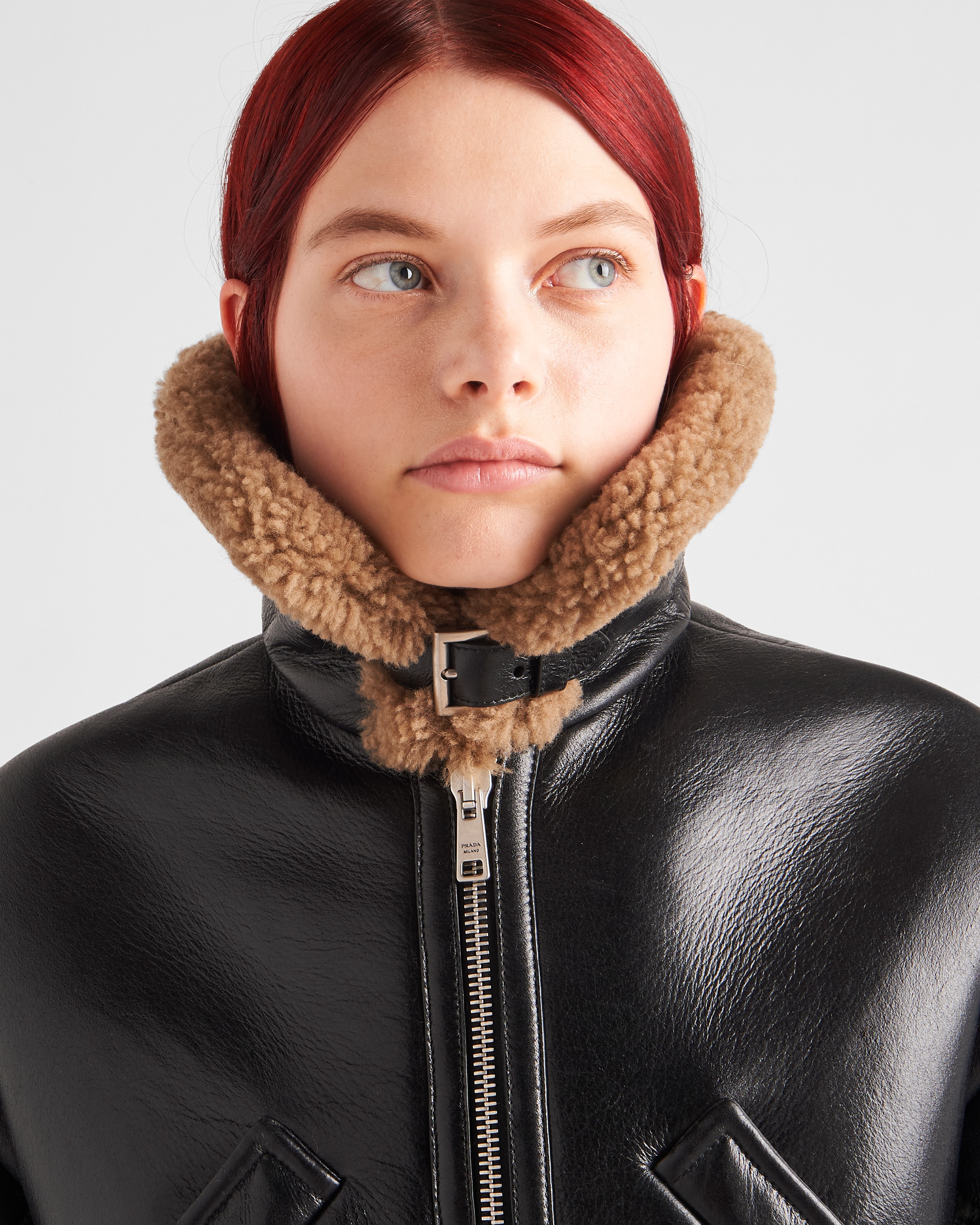 Black/maple Brown Shearling jacket | Prada