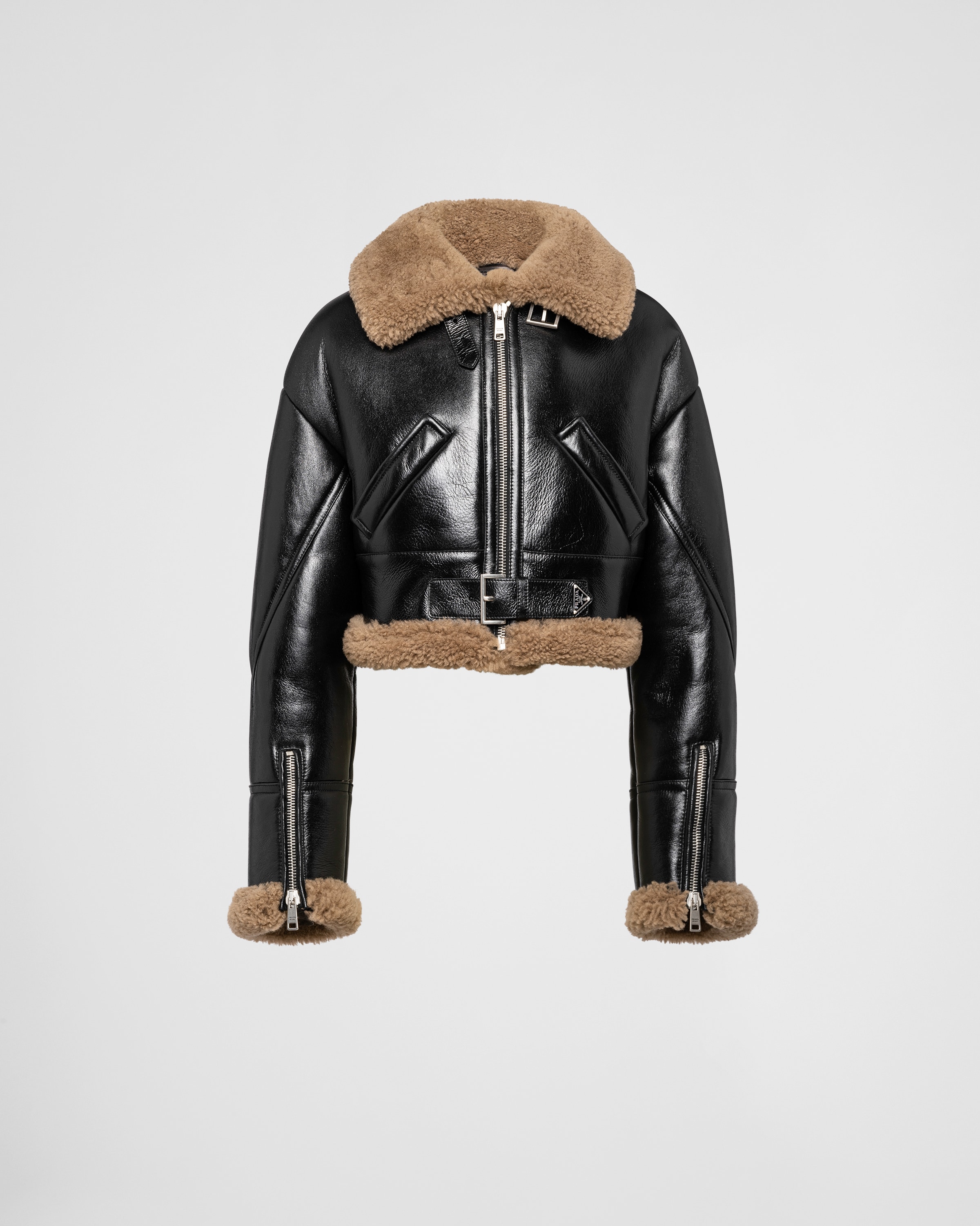 Black/maple Brown Shearling jacket | Prada