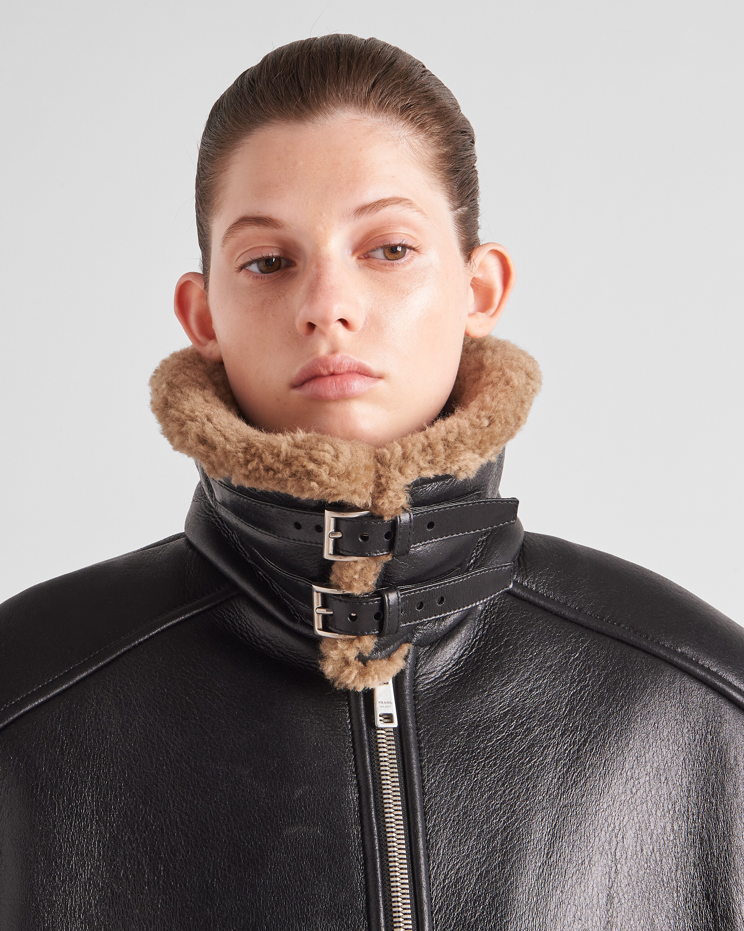 Black/maple Brown Oversized shearling jacket | Prada