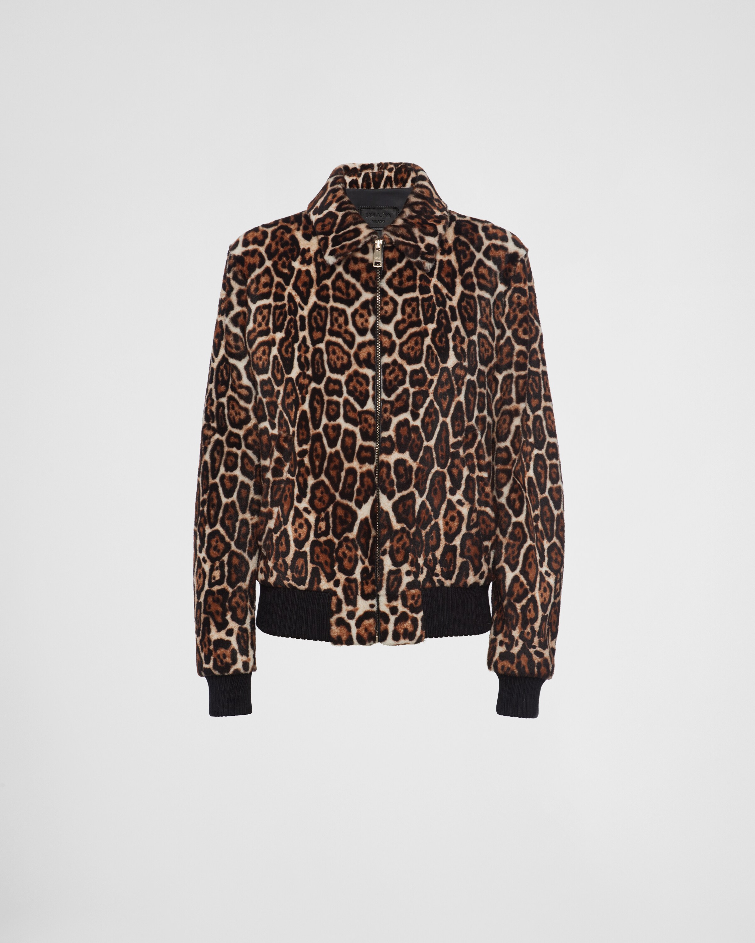 Prada Printed Shearling Bomber Jacket In Beige/dark Brown