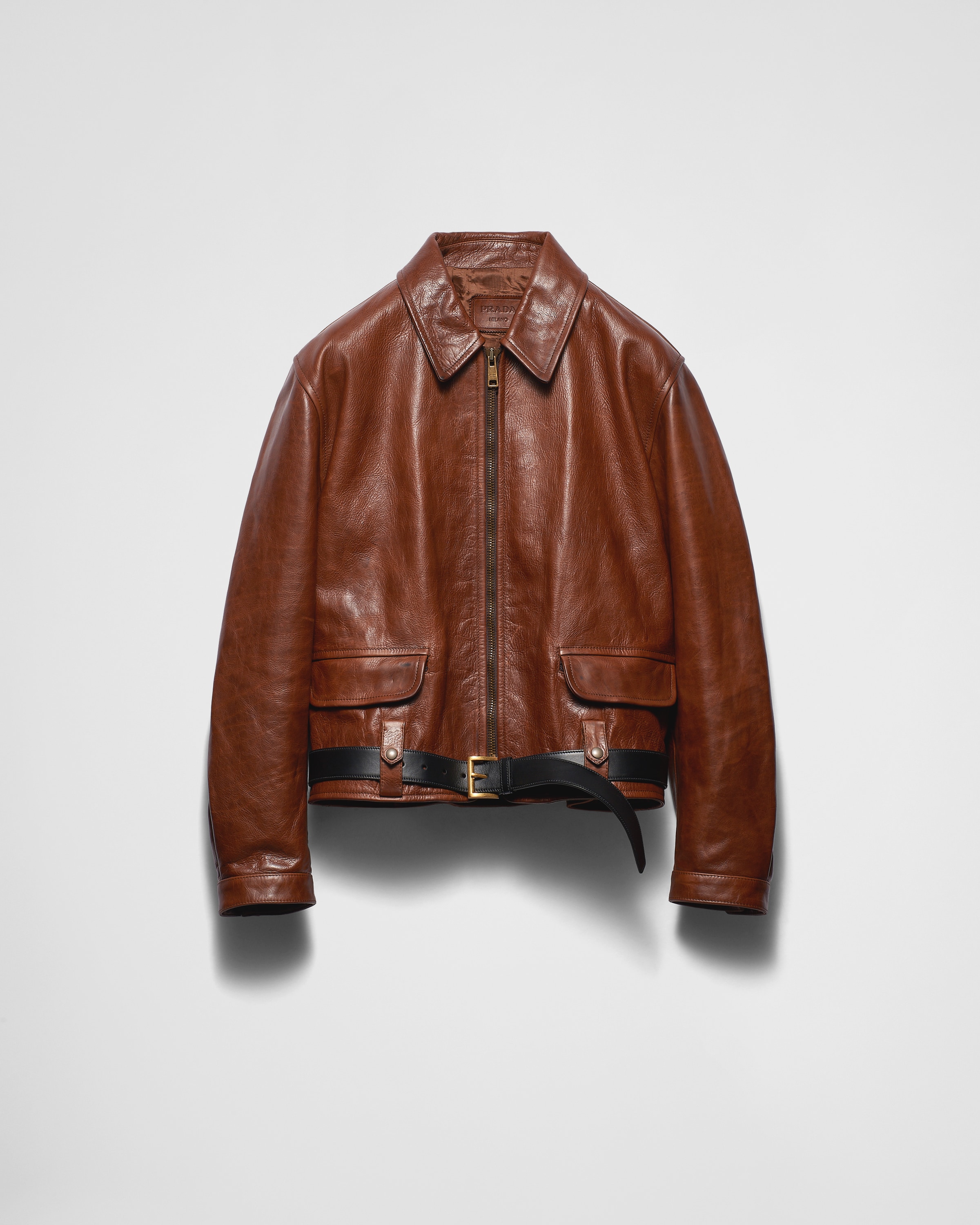 Prada Leather Jacket With Belt In Palisander