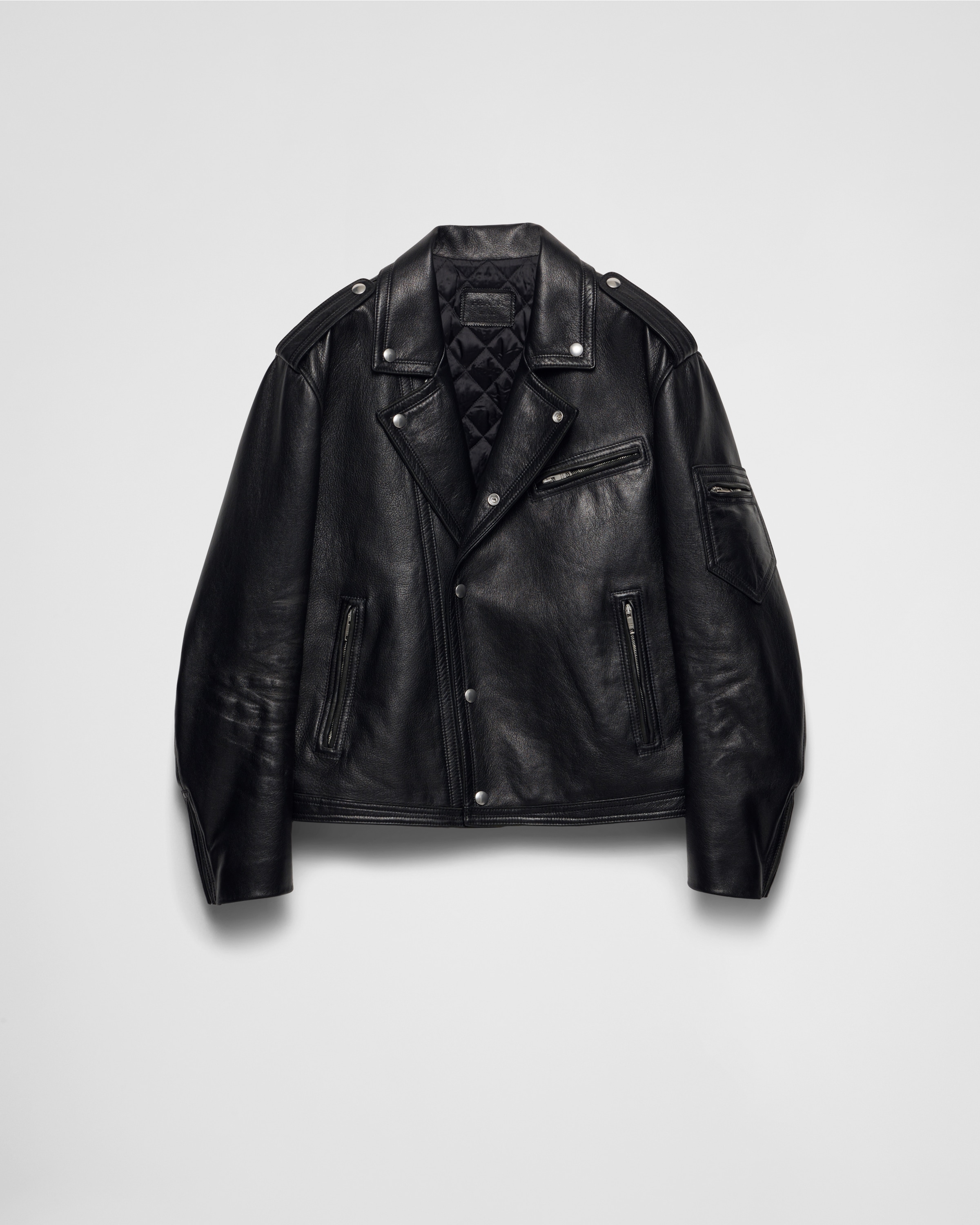 Shop Prada Leather Biker Jacket In Black