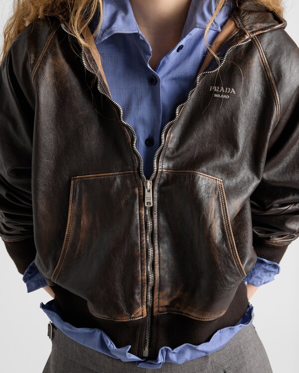Veste à capuche en cuir nappa - Marron Foncé Veste à capuche en cuir nappa - Marron Foncé