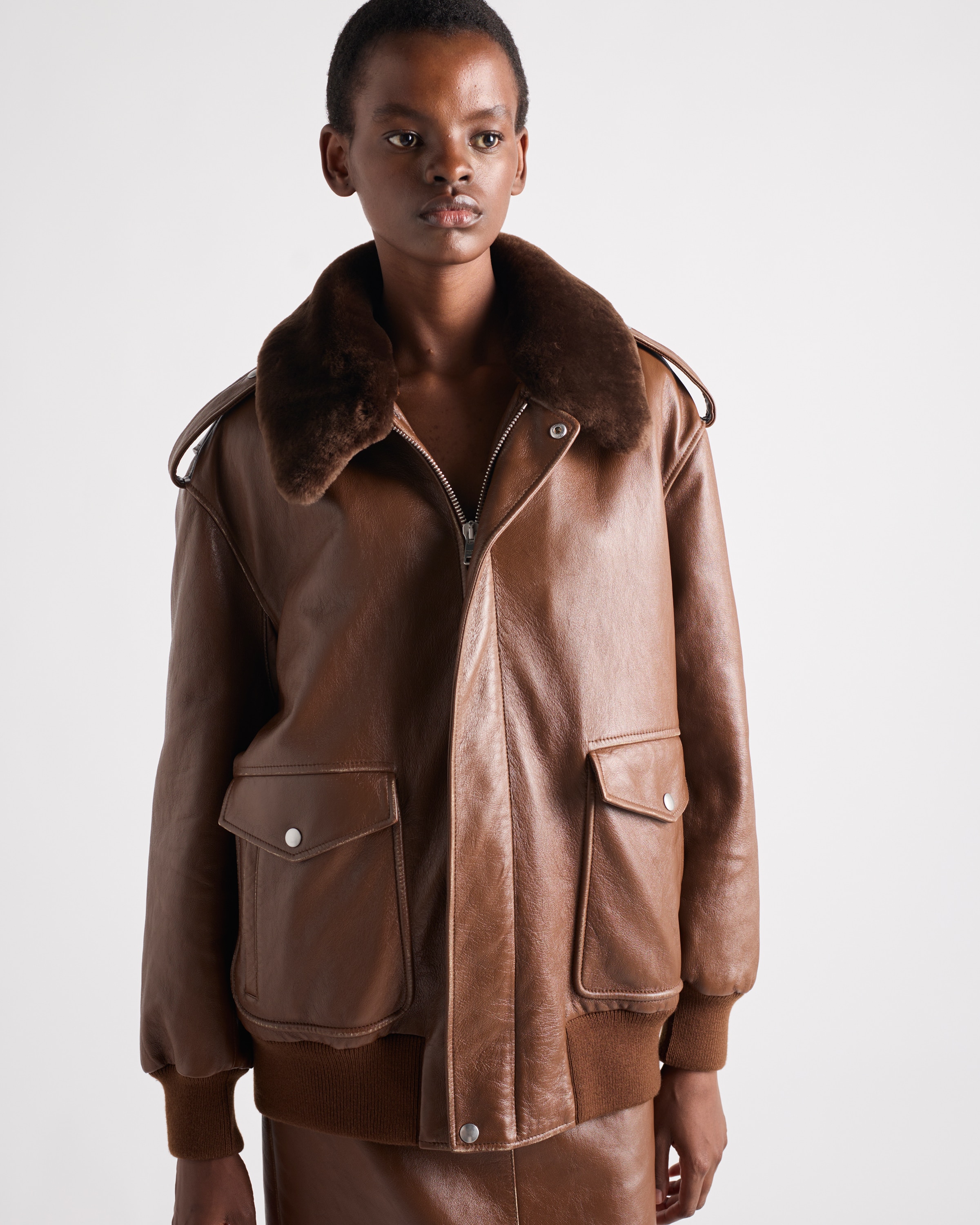 Prada Nappa Leather Bomber Jacket In Brown