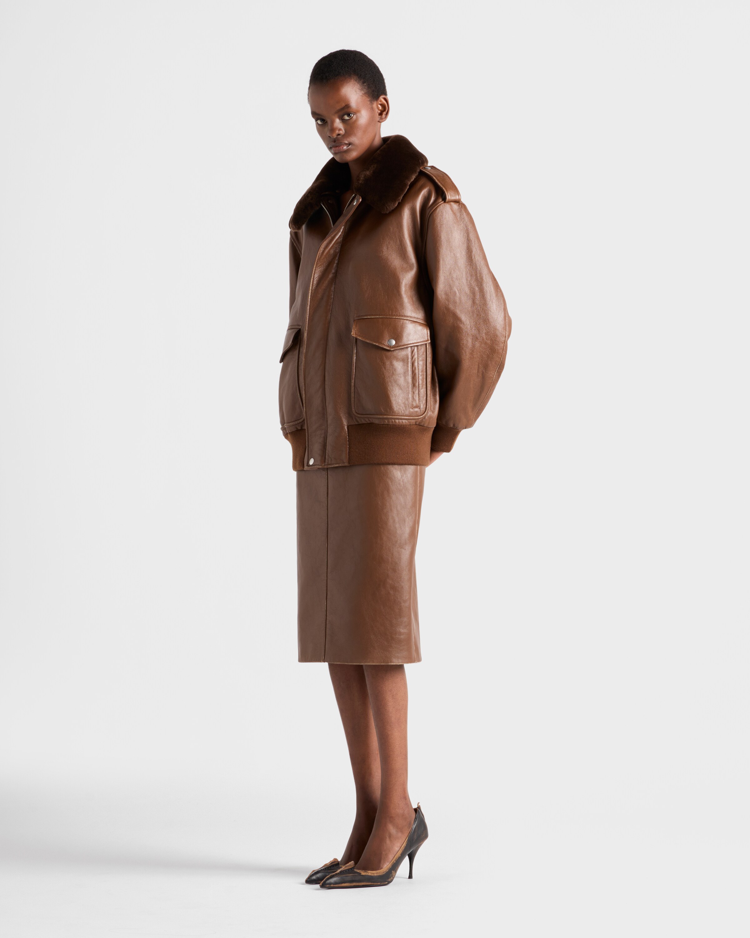 Prada Nappa Leather Bomber Jacket In Brown