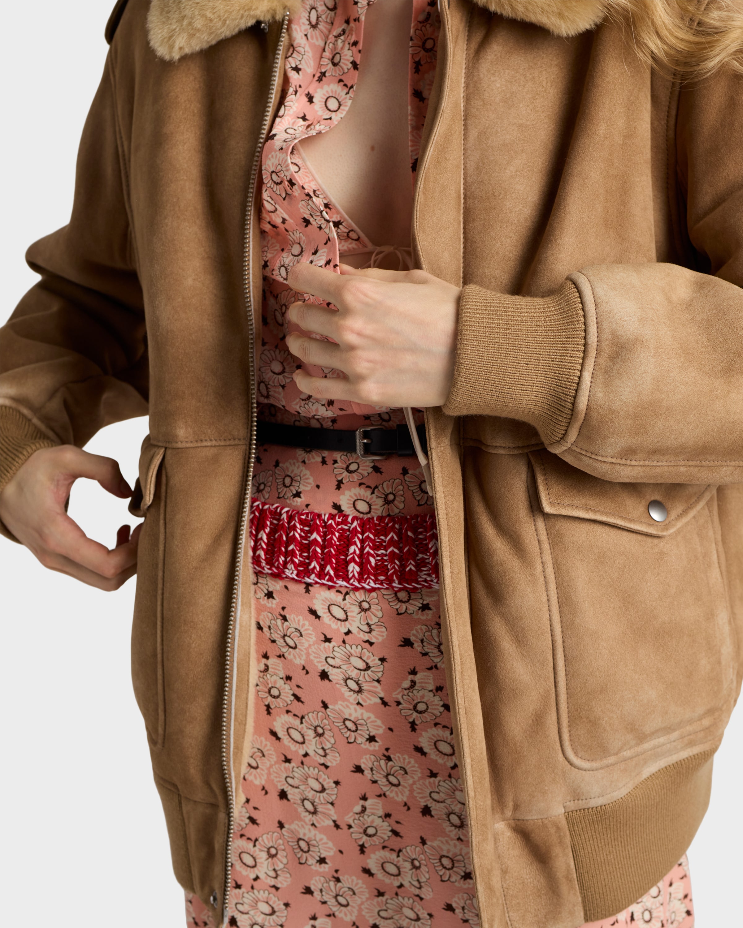 Prada Shearling Bomber Jacket In Neutral