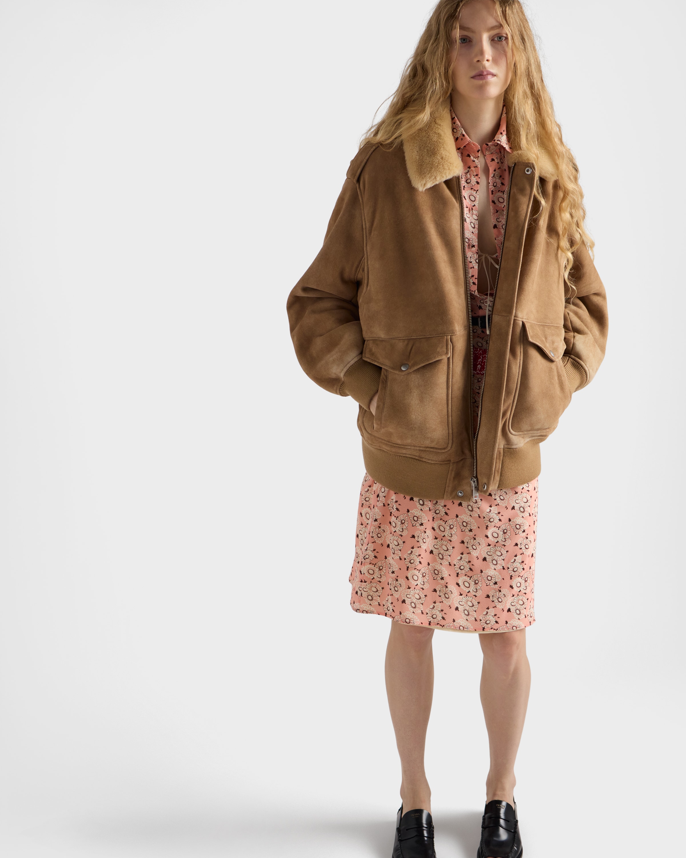 Prada Shearling Bomber Jacket In Neutral