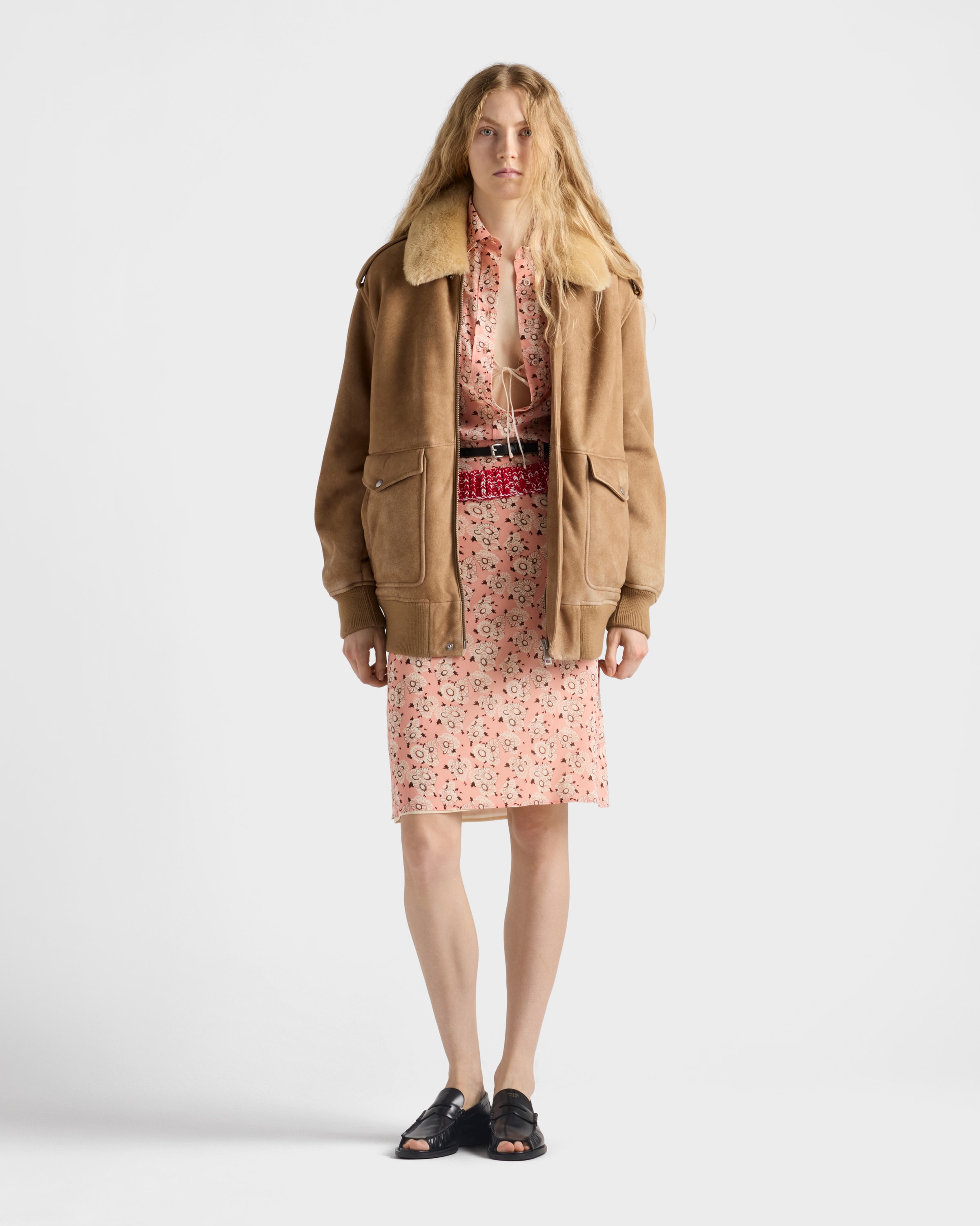 Prada Shearling Bomber Jacket In Neutral