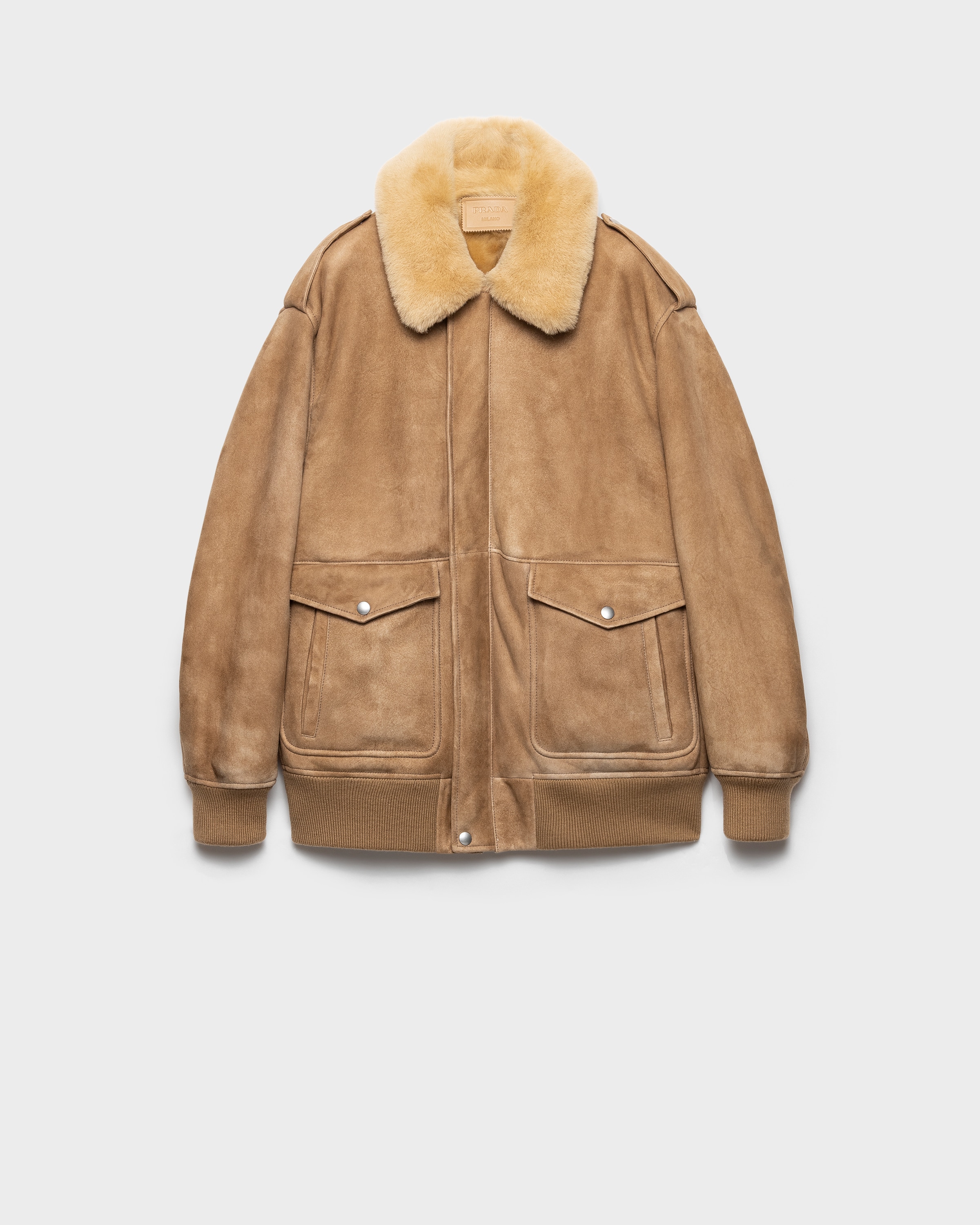 Prada Shearling Bomber Jacket In Neutral