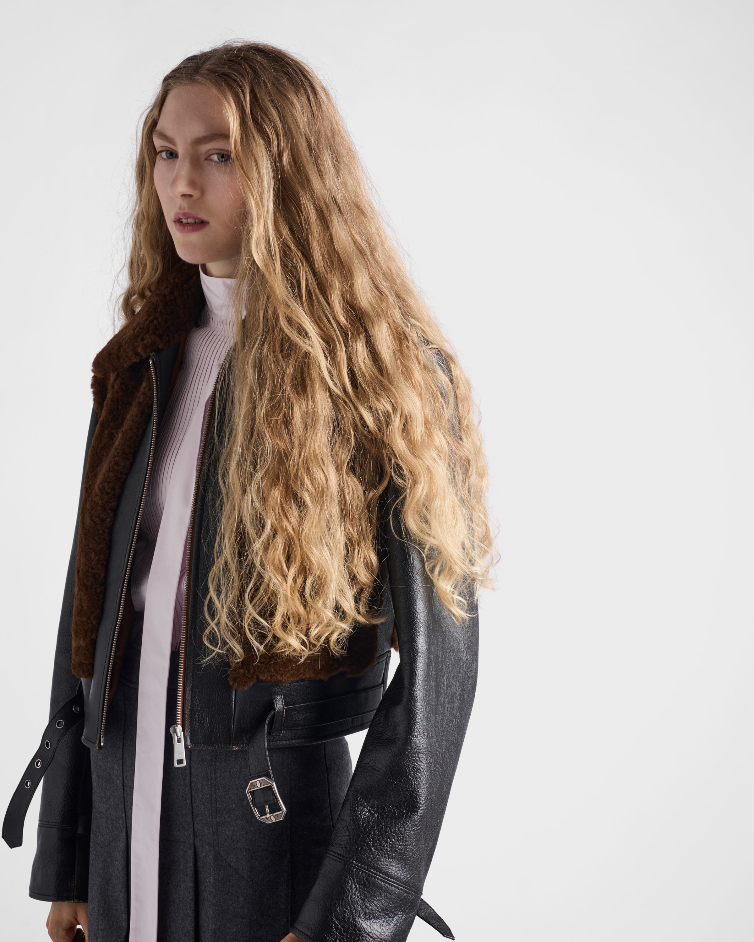 Prada Womens Black Panelled Leather And Shearling Jacket In Brown