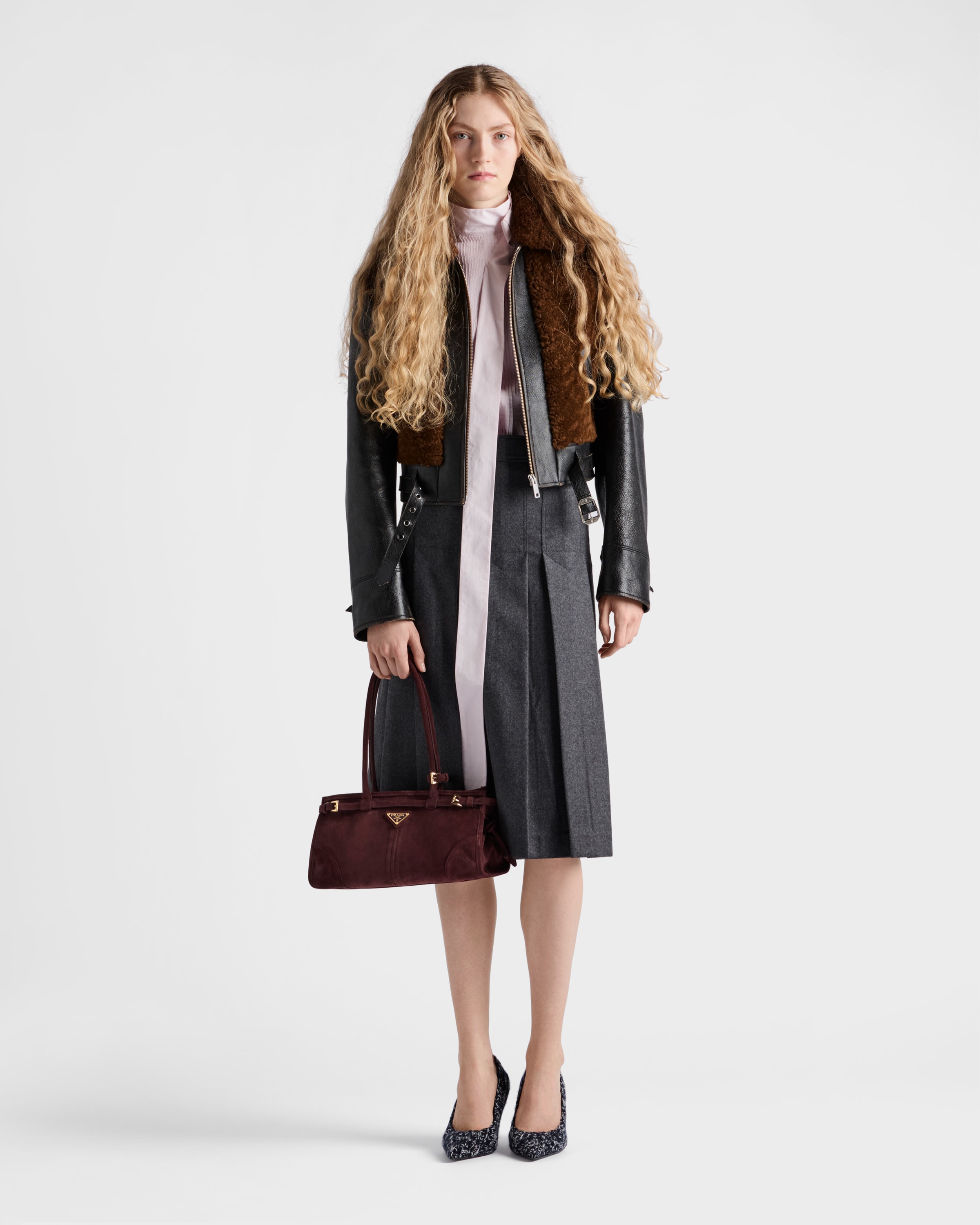 Prada Womens Black Panelled Leather And Shearling Jacket In Brown