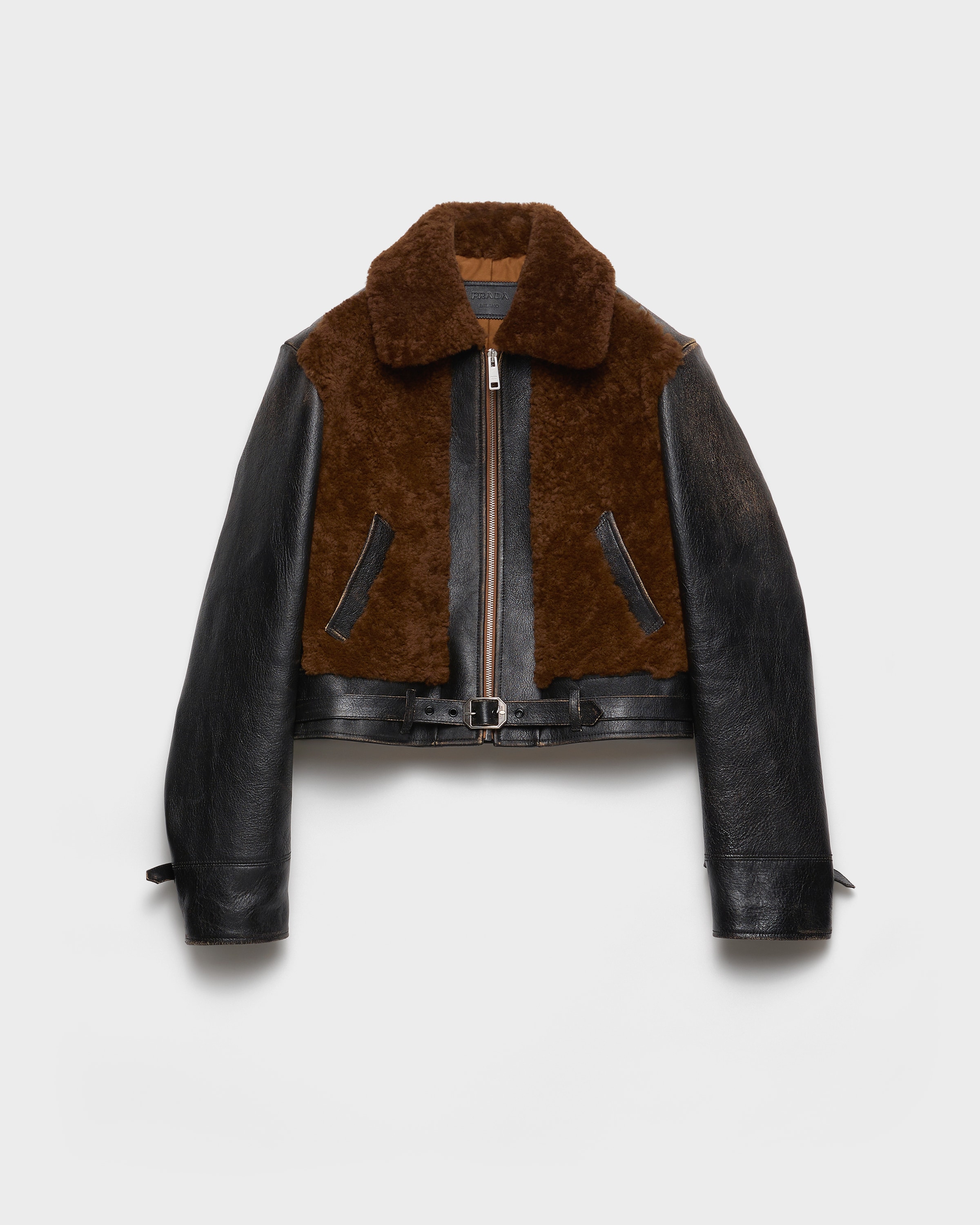 Prada Womens Black Panelled Leather And Shearling Jacket In Brown