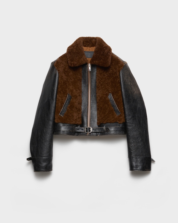 prada レザージャケット Prada シアリングカラー レザージャケット | ブラック | FARFETCH JP