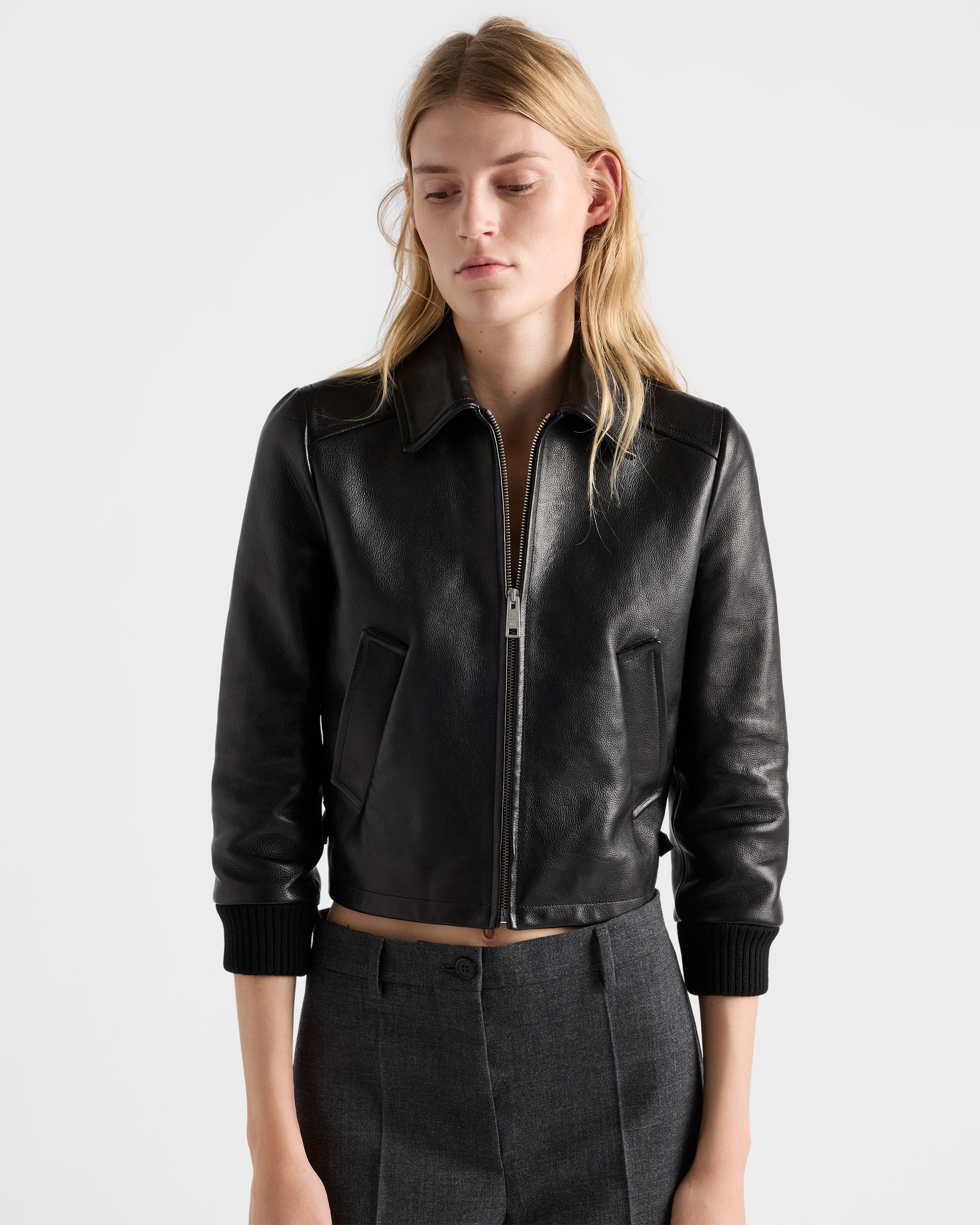 Prada Leather Blouson Jacket In Black