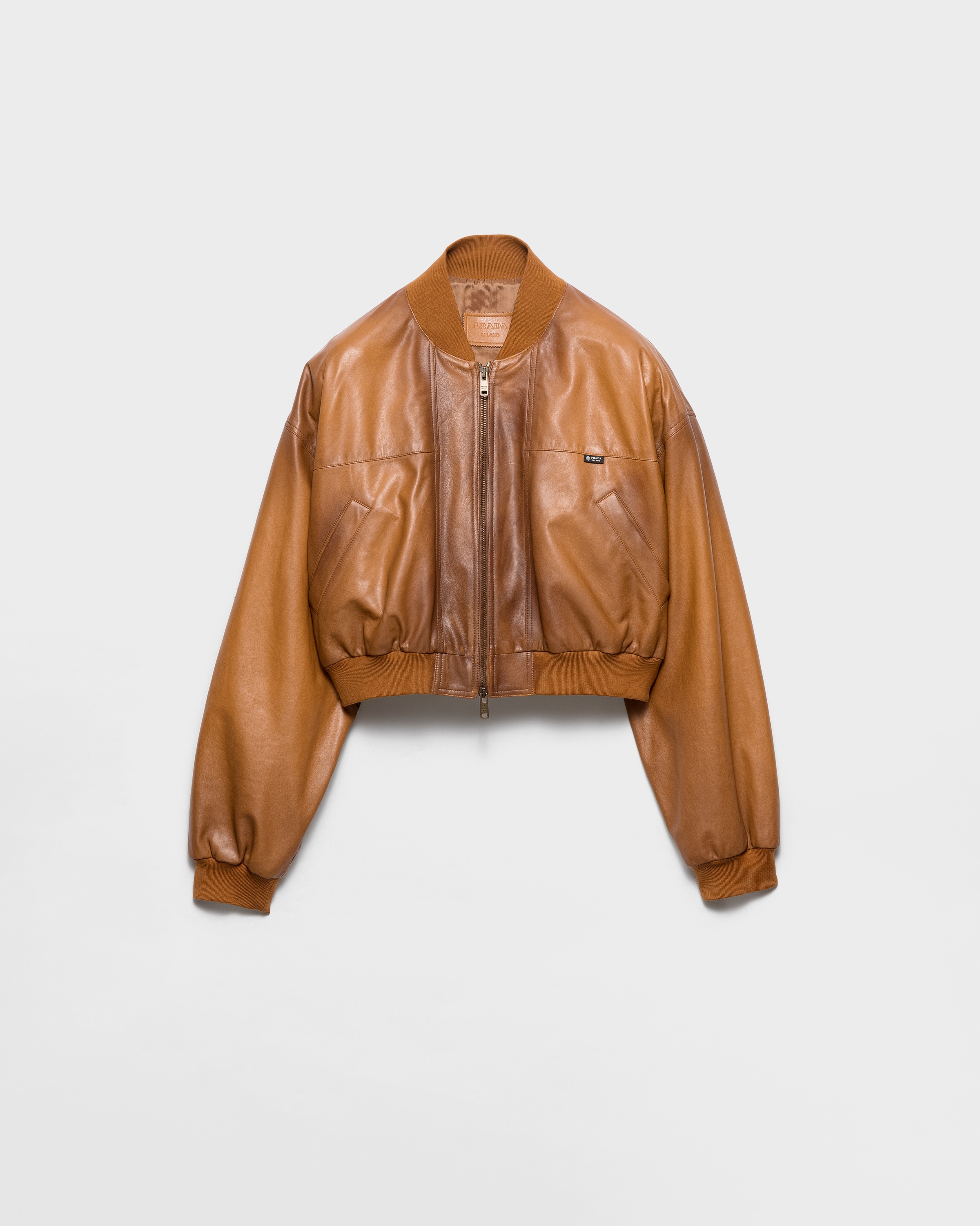 PRADA☆ブラウンレザー シングルライダースジャケット Light Tan Cropped nappa leather jacket | PRADA - United States