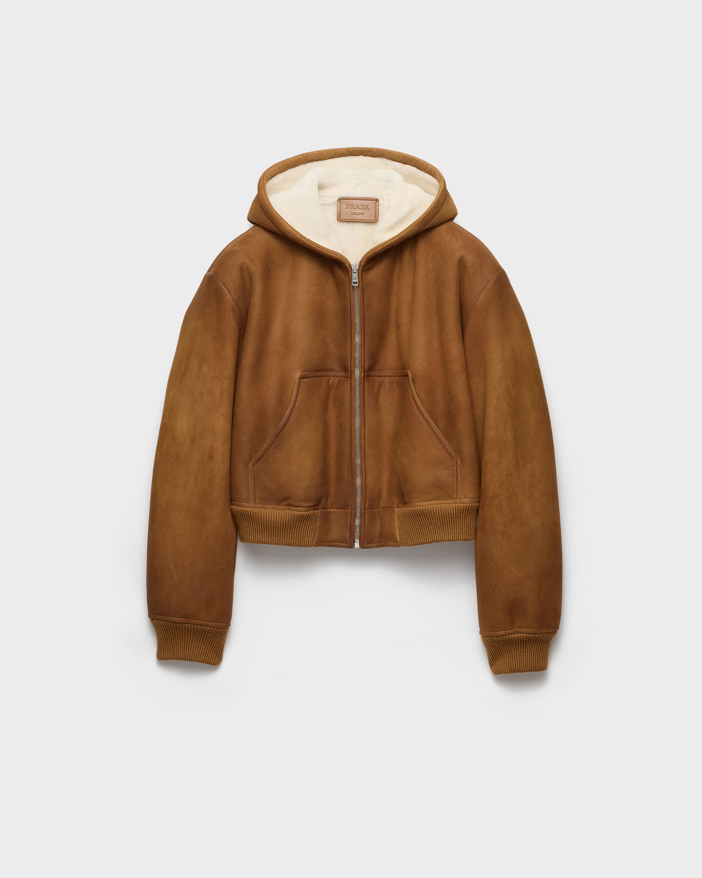 Tobacco/beige Hooded Shearling Jacket | PRADA - United States