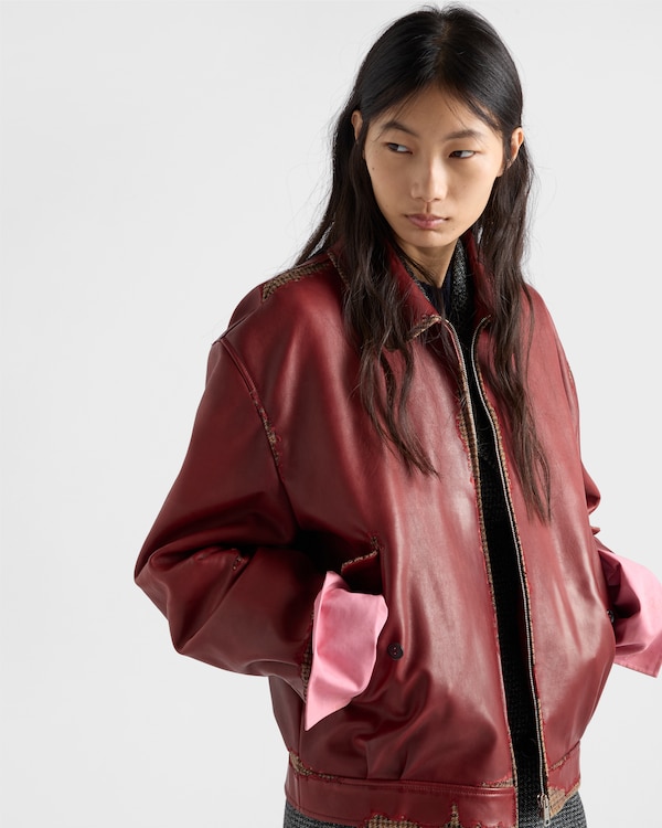 Bonded nappa leather and houndstooth check fabric jacket - Ruby Red Bonded nappa leather and houndstooth check fabric jacket - Ruby Red
