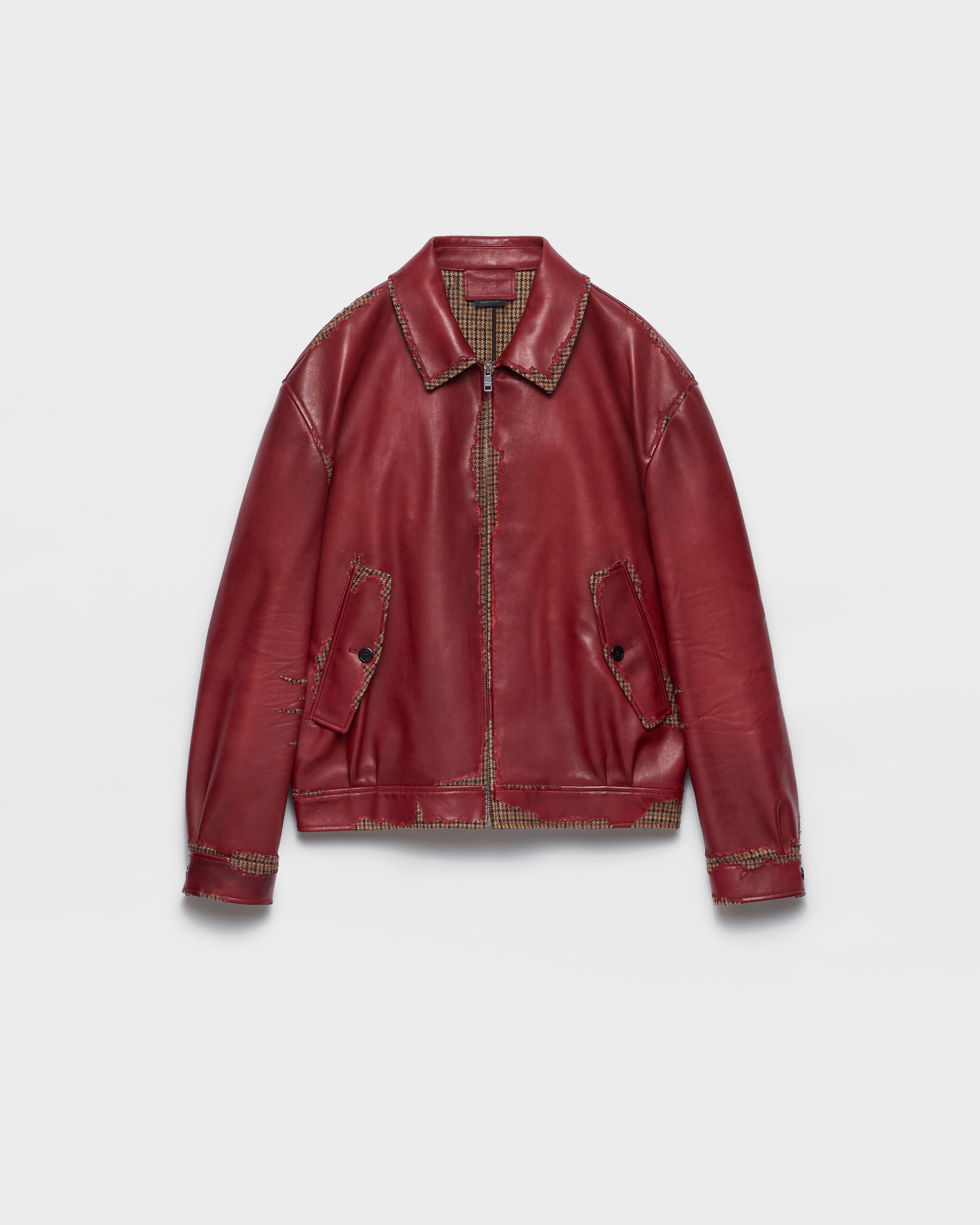 Prada ジャケット　50 ボルドー Ruby Red Bonded Nappa Leather And Houndstooth Check Fabric Jacket