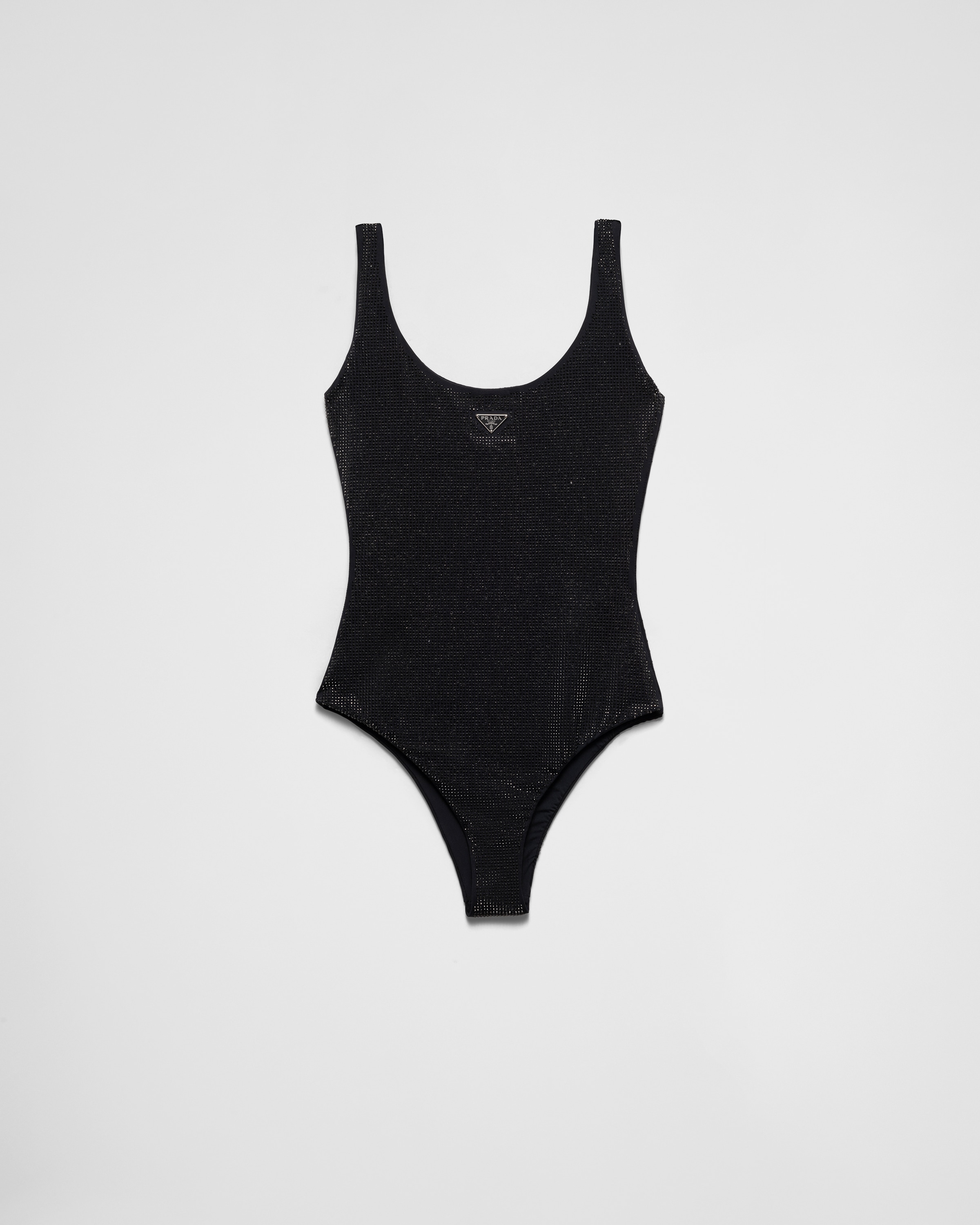Shop Prada Einteiliger Badeanzug Aus Jersey Mit Strasssteinen In Black/fume