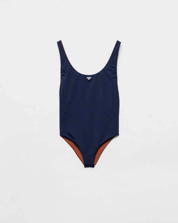 Black/Fume Jersey one-piece swimsuit with rhinestones | PRADA