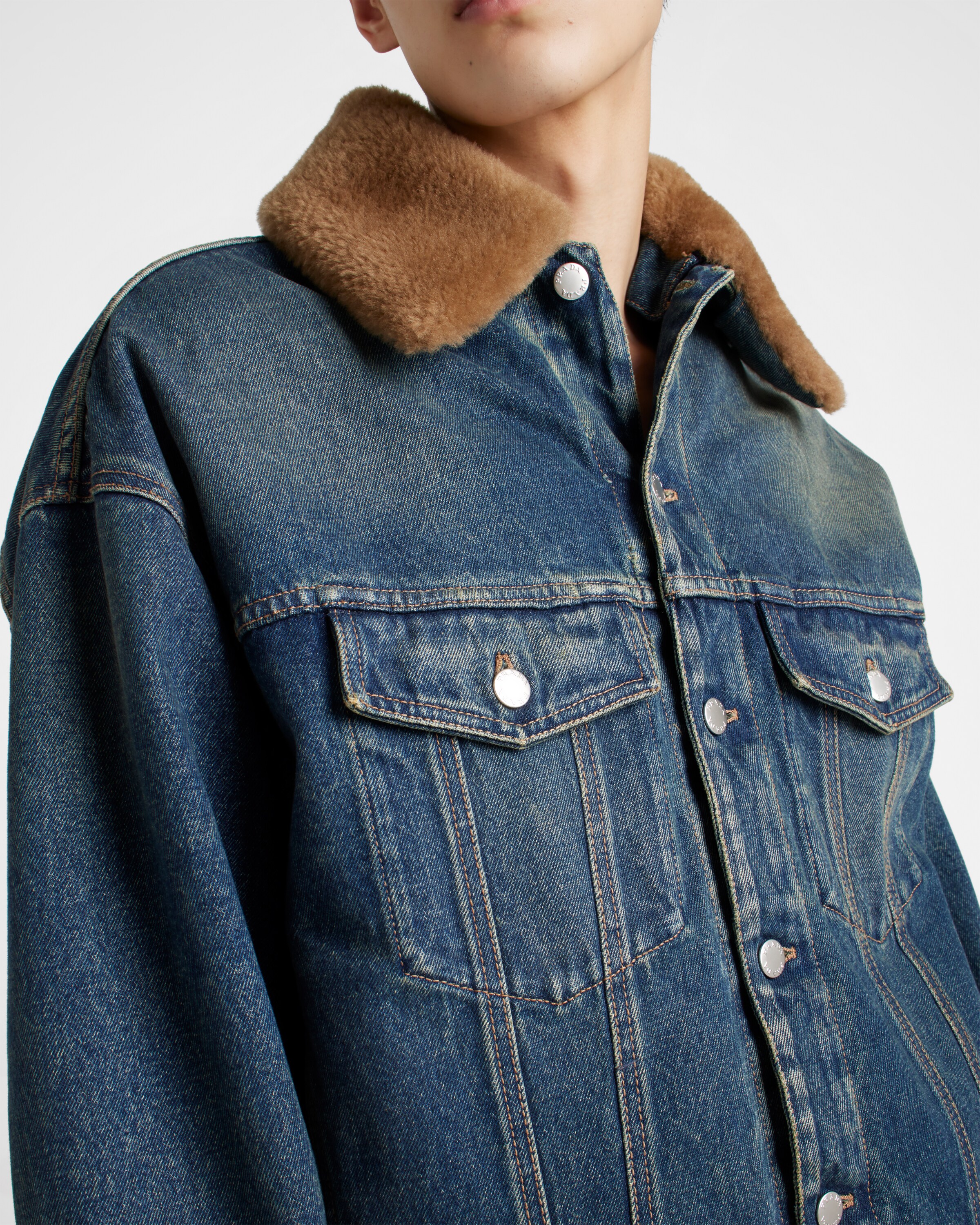 Navy Padded denim blouson jacket with shearling collar | PRADA