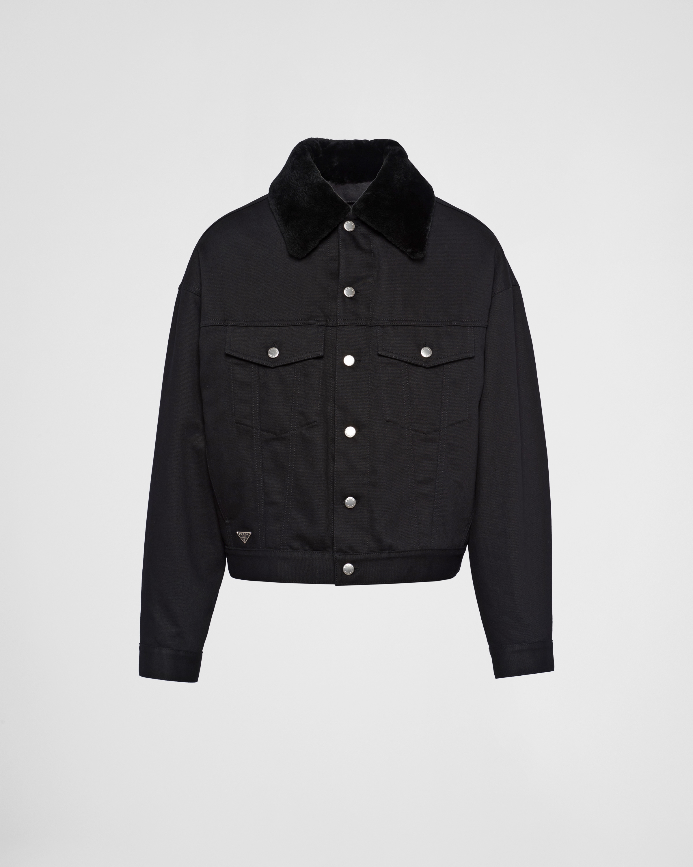 Prada Padded Bull Denim Blouson Jacket With Shearling Lining In Black