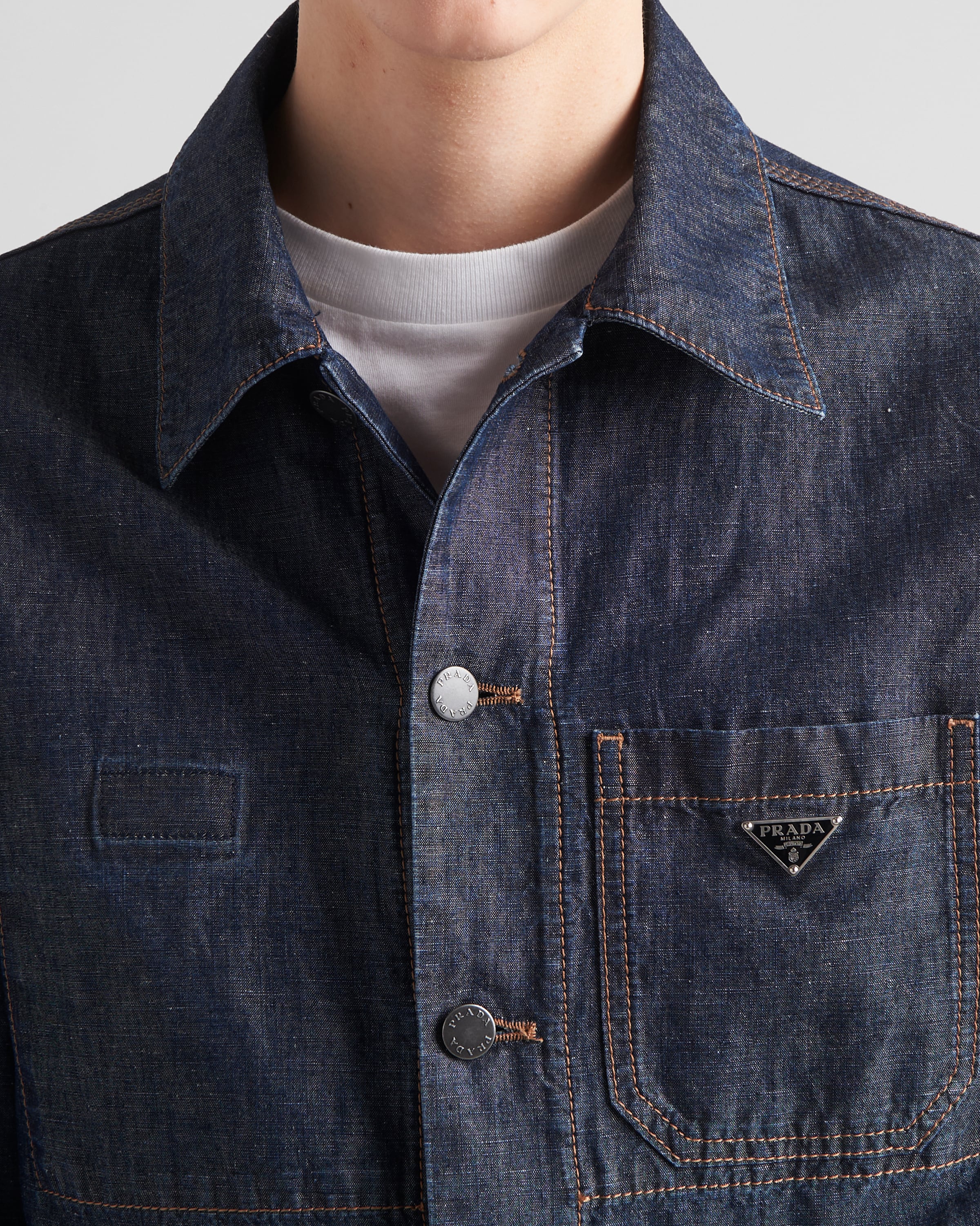 Shop Prada Chambray Blouson Jacket In Navy