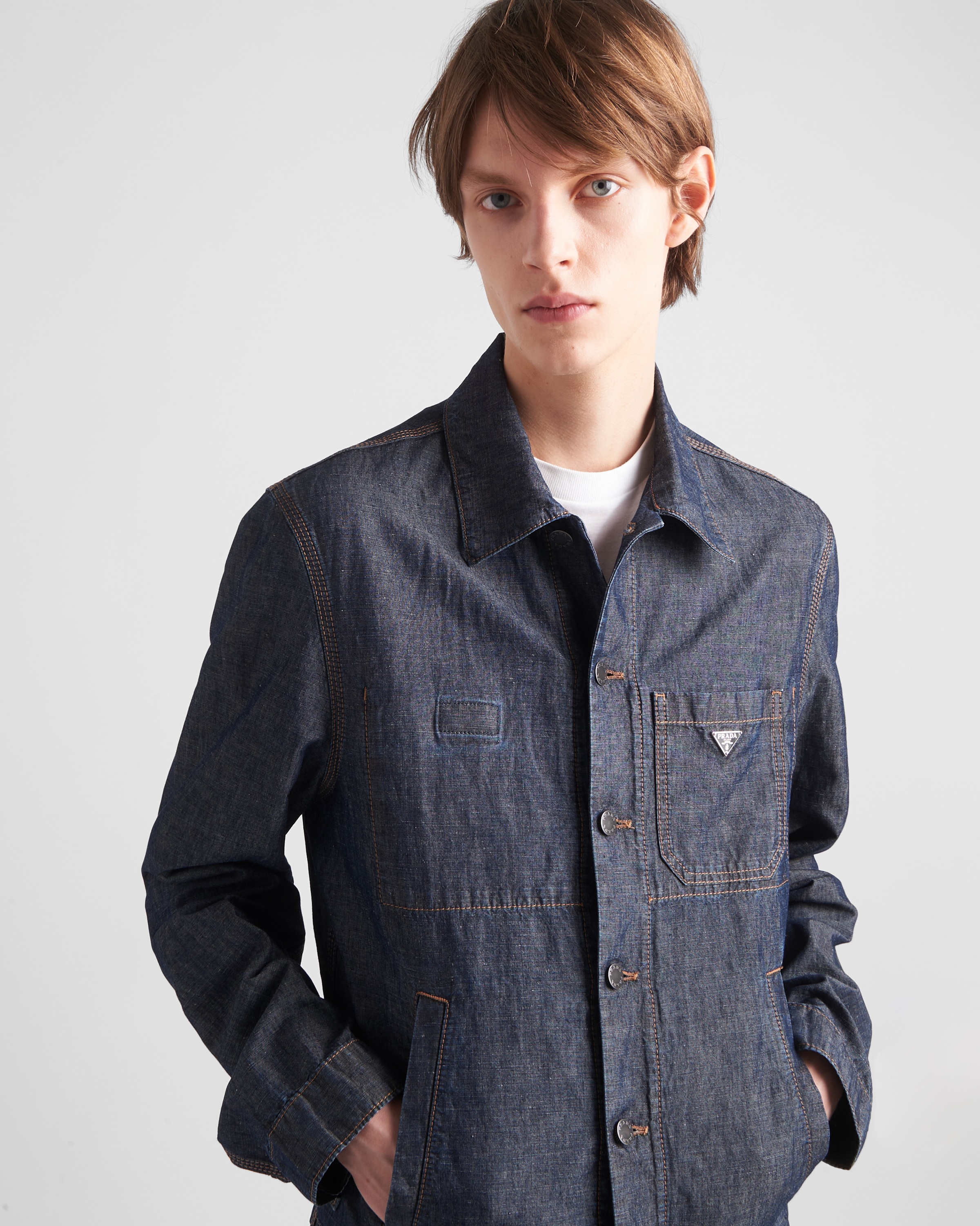 Shop Prada Chambray Blouson Jacket In Navy