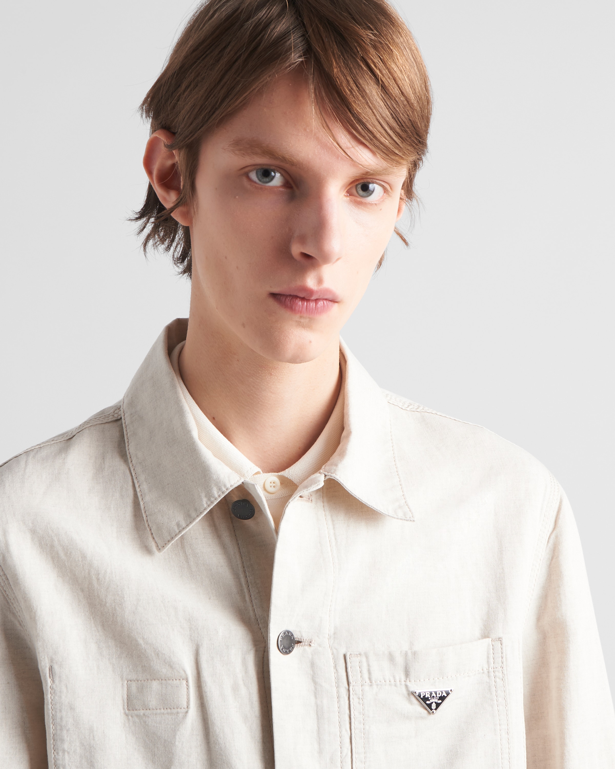 Shop Prada Chambray Blouson Jacket In Natural