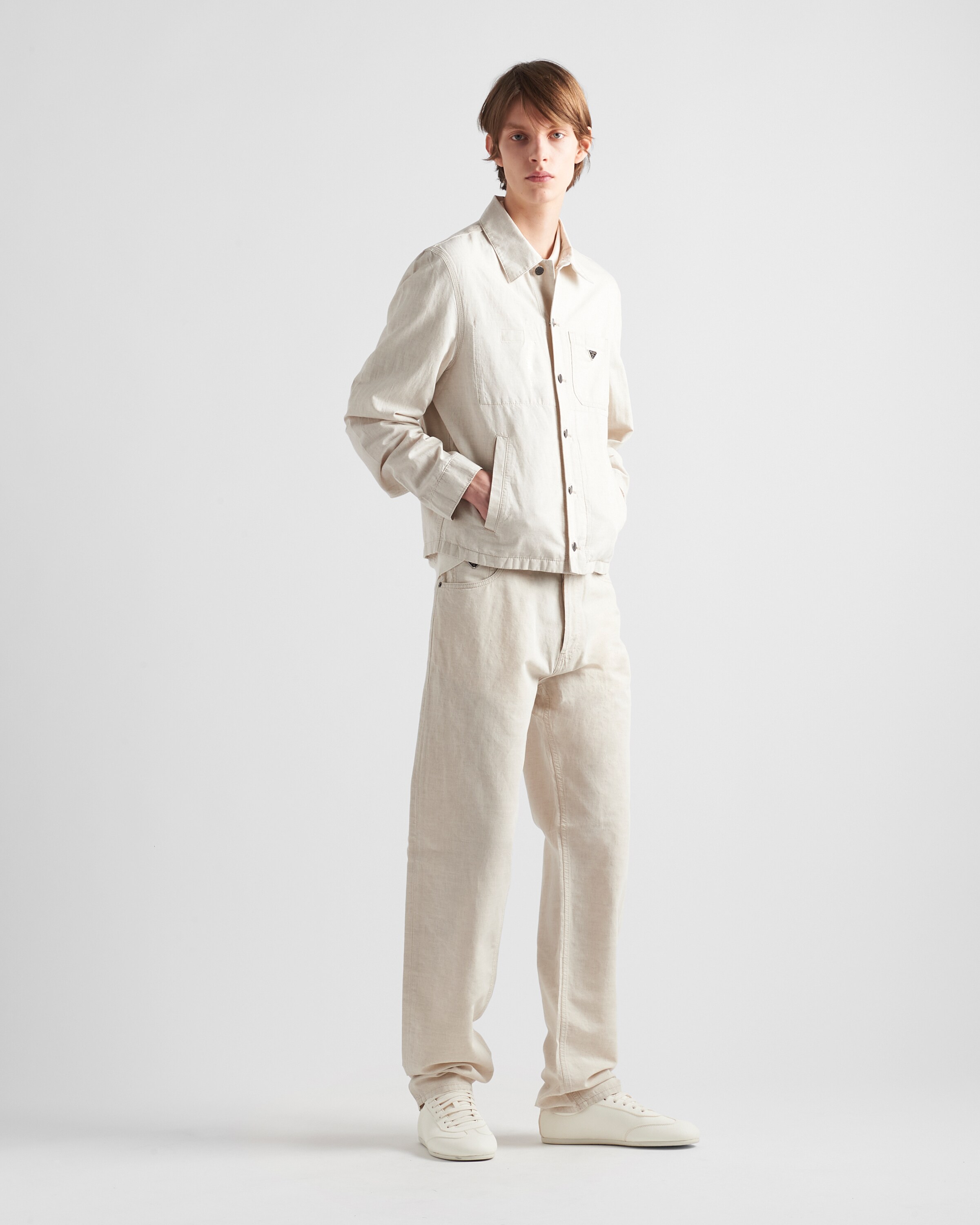 Shop Prada Chambray Blouson Jacket In Natural