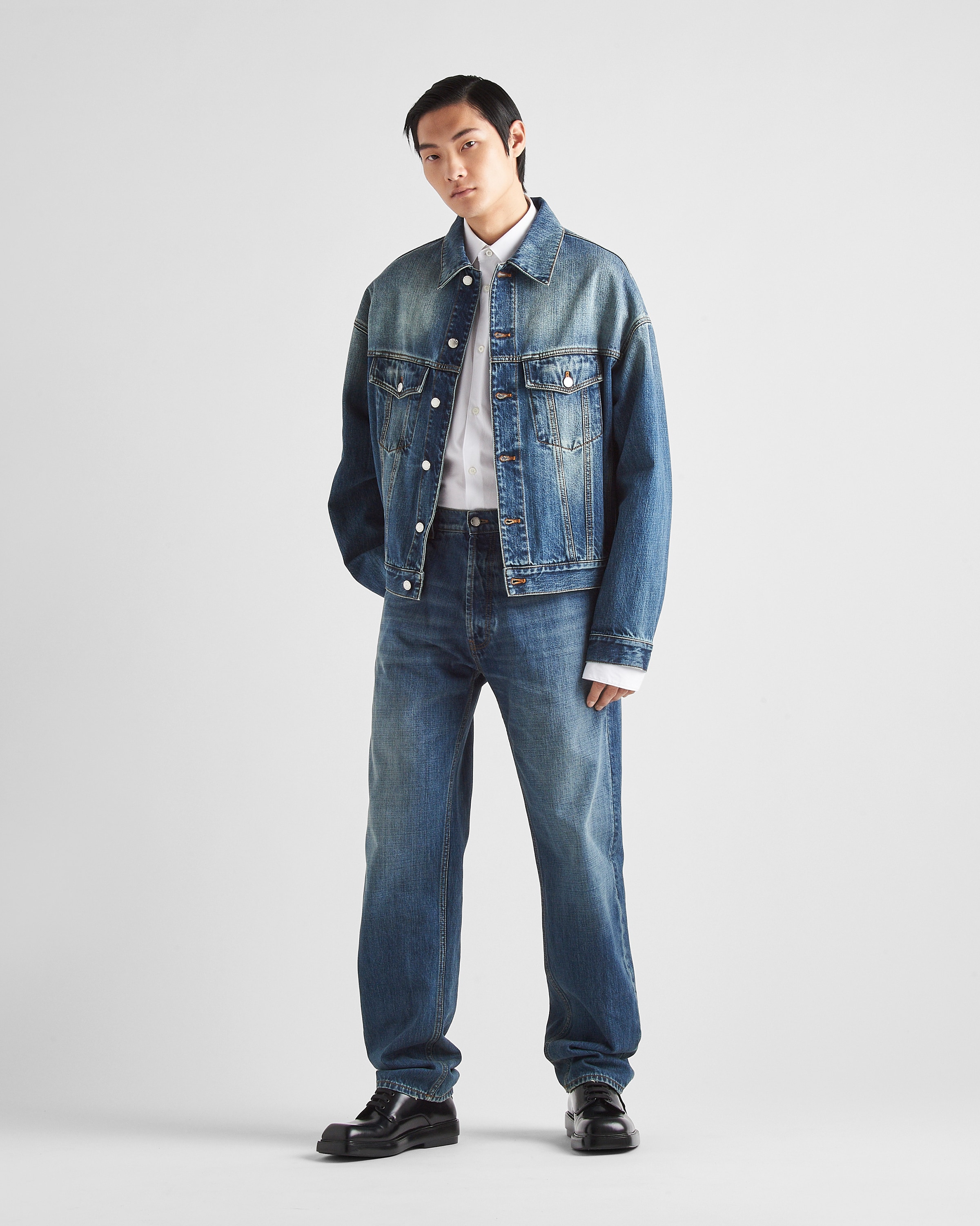 Shop Prada Denim Trucker Jacket In Navy