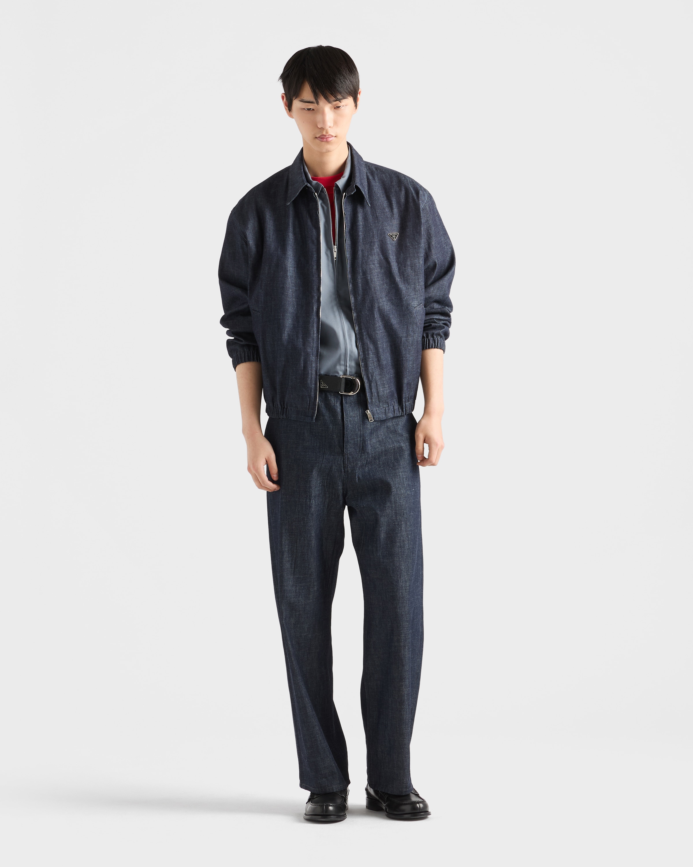 PRADA シャンブレーデニムブルゾンシャツ ネイビー シャンブレー デニム ブルゾン ファスナー ジャケット