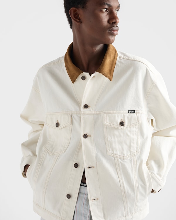 Old denim jacket with leather details - White Old denim jacket with leather details - White