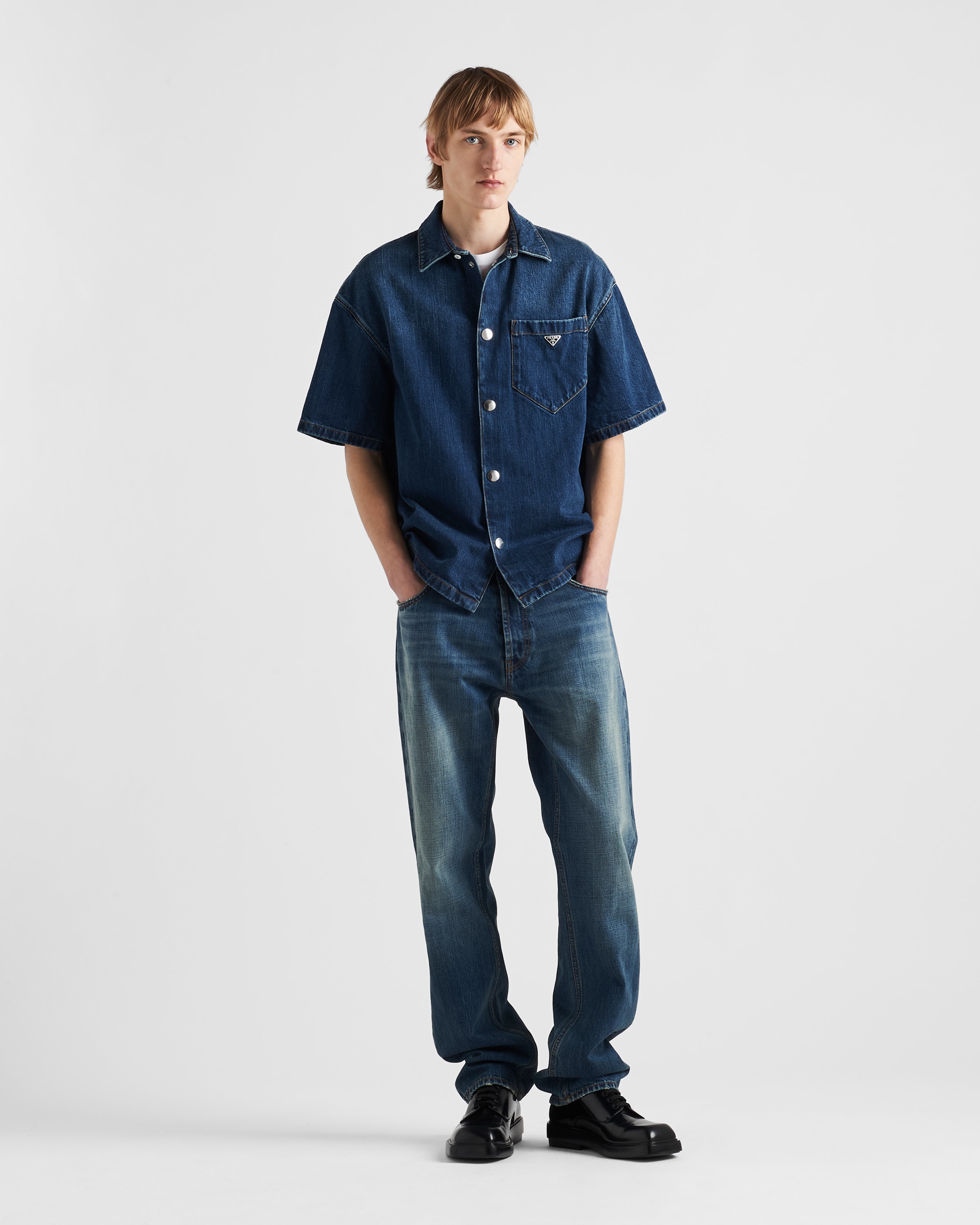 Shop Prada Denim Shirt In Navy