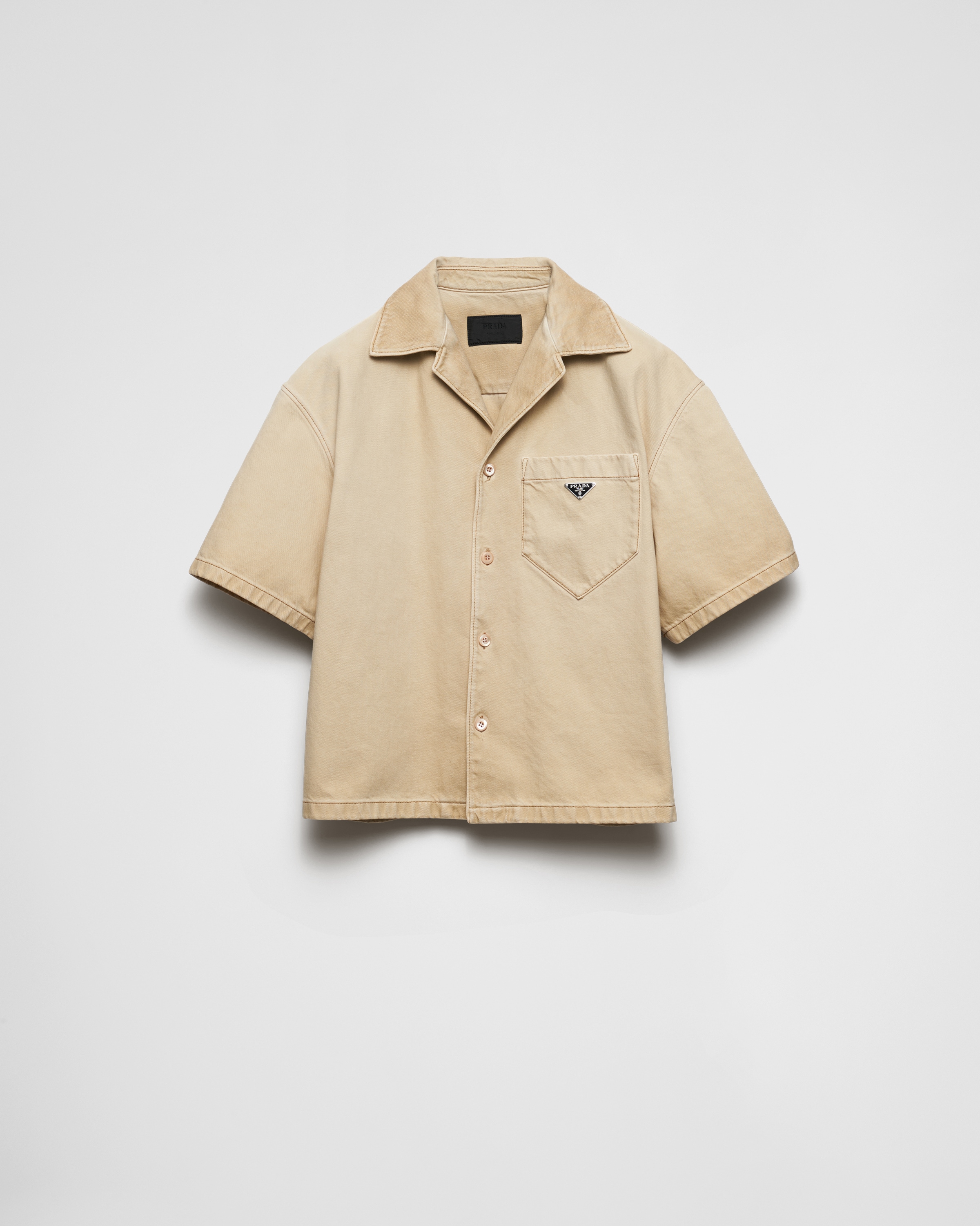 Prada Short-sleeved Shirt In Worn Bull-denim In Brown